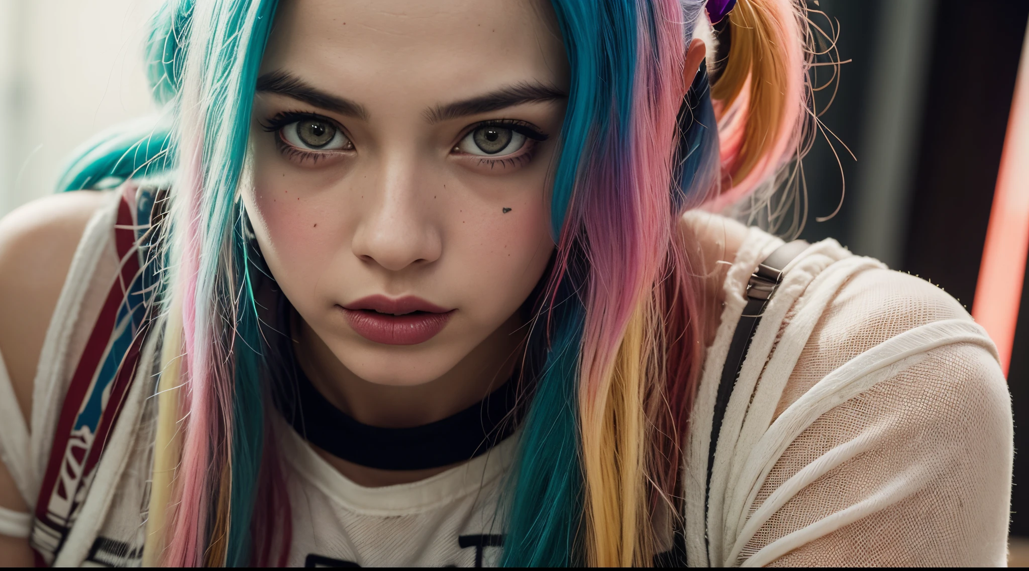 Vogue style photo shoot of malay teenage girl as character HARLEY QUINN from the movie The Suicide Squad with pastel colored background in Wes Anderson style, hyper - realistic photography, Wes Anderson style, full body, 8k, close - up shot, extreme close - up photo