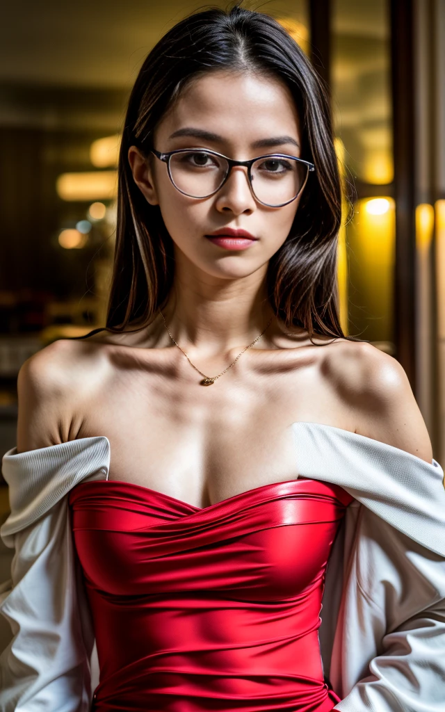 (8K, Masterpiece, RAW photo, Best quality, detail:1.3), (ultra realistic:1.4, scenary, 8K), Depth of field, Cinematic light, (ultra realistic face), (1 ultra skinny girl:1.4), (Beautiful and elegant girl), (tight red minidress:1.4), (girl with glasses), (latina face:1.5), (natural abs), (full body:1.6), (off-shoulder tight minidress:1.4), (small necklace, collarbone), (ultra detailed skin:1.3), (complete standing pose:1.2), (ultra realistic skin:1.4), (black hair), leather jacket