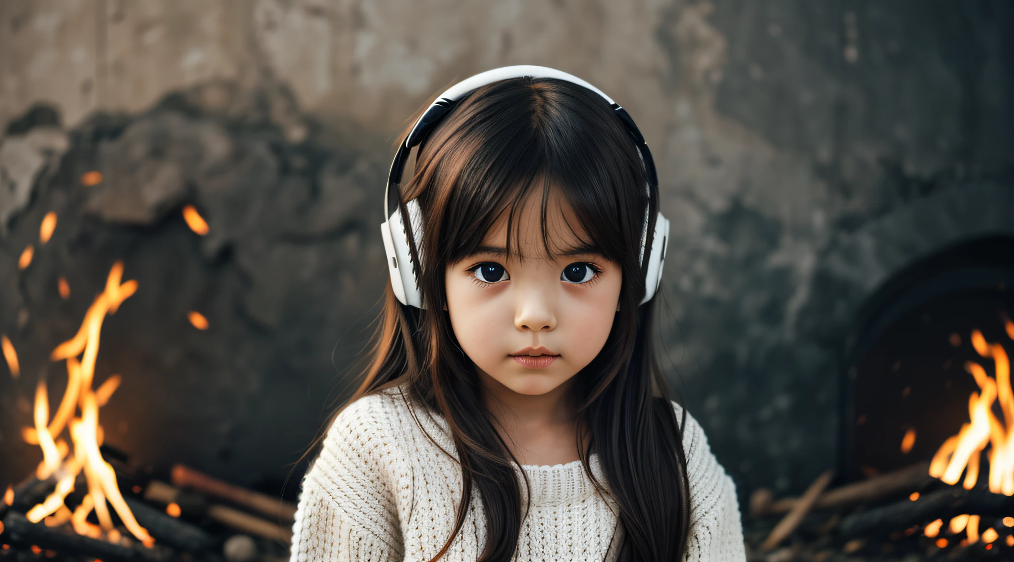 CHILD girl with long hair wearing a white sweater and muffled black ears. halo of fire