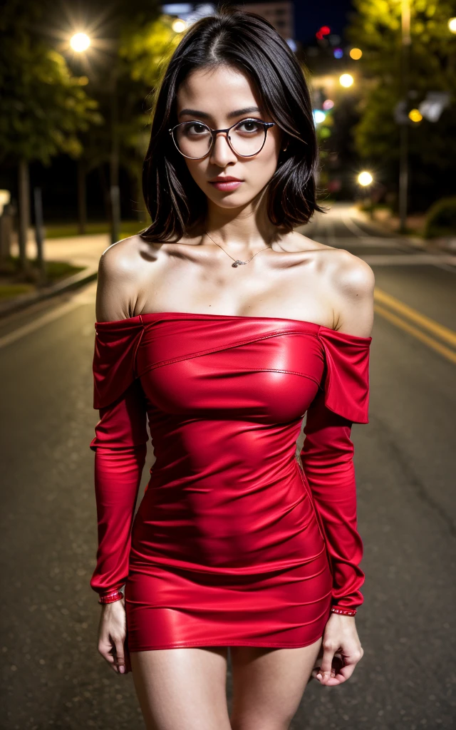 (8K, Masterpiece, RAW photo, Best quality, detail:1.3), (ultra realistic:1.4, scenary, 8K), Depth of field, Cinematic light, (ultra realistic face), (1 ultra skinny girl:1.4), (Beautiful and elegant girl), (tight red minidress:1.4), (girl with glasses), (latina face:1.5), (natural abs), (full body:1.6), (off-shoulder tight minidress:1.4), (small necklace, collarbone), (ultra detailed skin:1.3), (complete standing pose:1.2), (ultra realistic skin:1.4), (black hair), leather jacket