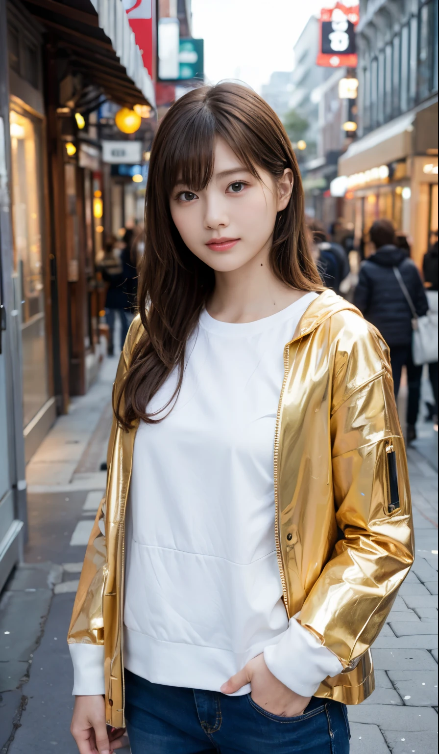 (1 Mechanical Girl)、top-quality、masterpiece、超A high resolution、(Photorealsitic:1.4)、Raw photo、1人、Golden hair、glowy skin、(((1 Mechanical Girl)))、life-like、Photorealistic、Beautiful fece、8K、Slimed、well-muscled、tall、straight、dual、Glitter、Transparent as glass、Glossy、Clair、rcasual、shortpants、parka、Loose、intersection、main street、Advertising billboards、depth、depth of fields、Bokeh、a closeup、frontage、natural soft light