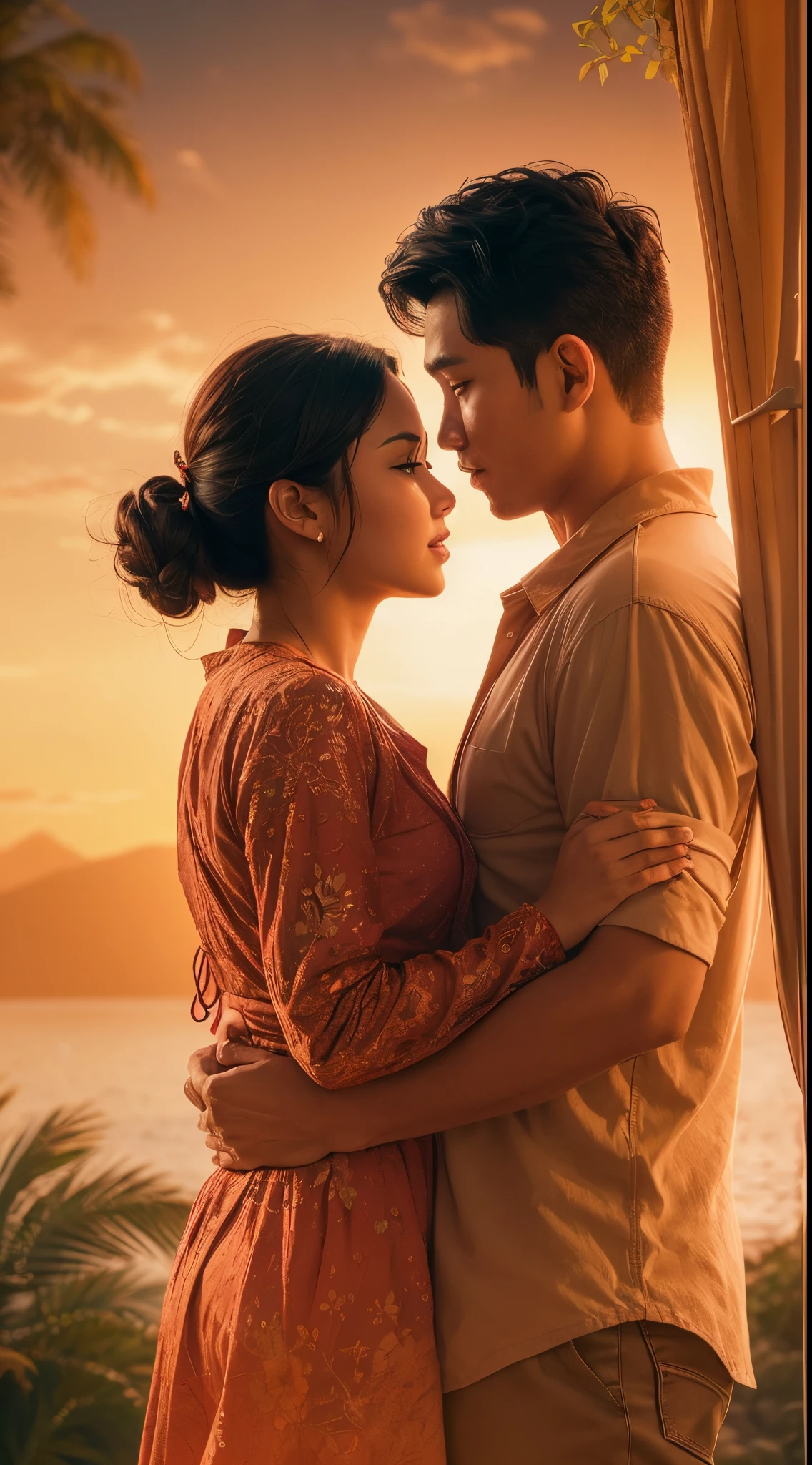 Craft a poster for a heartwarming romantic drama. Feature the main characters, a Malay couple in love, against a backdrop of a picturesque sunset. Emphasize their emotional connection and the challenges they face. Use warm tones and soft lighting to evoke a sense of romance and passion