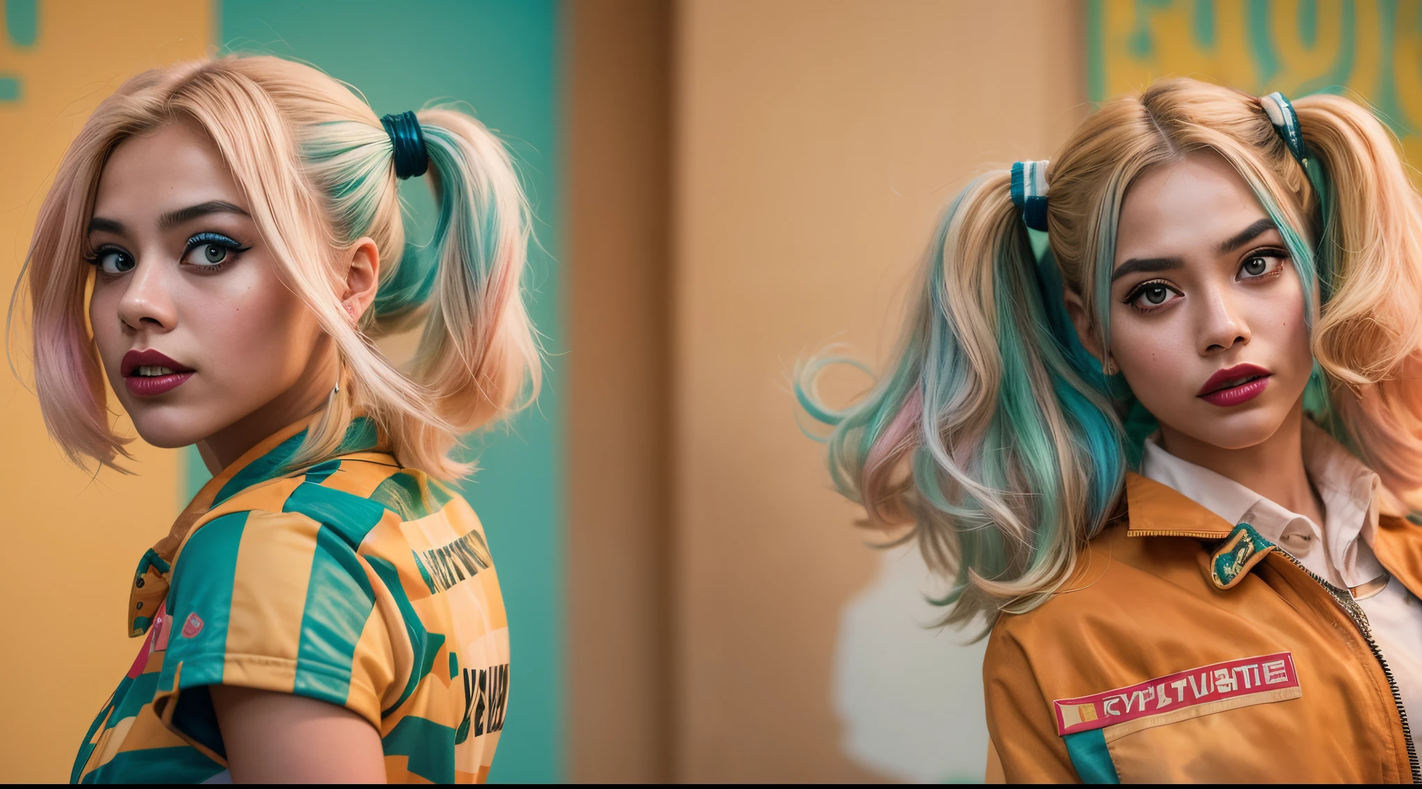 Vogue style photo shoot of malay teenage girl as character HARLEY QUINN from the movie The Suicide Squad with pastel colored background in Wes Anderson style, hyper - realistic photography, Wes Anderson style, full body, 8k, close - up shot, extreme close - up photo