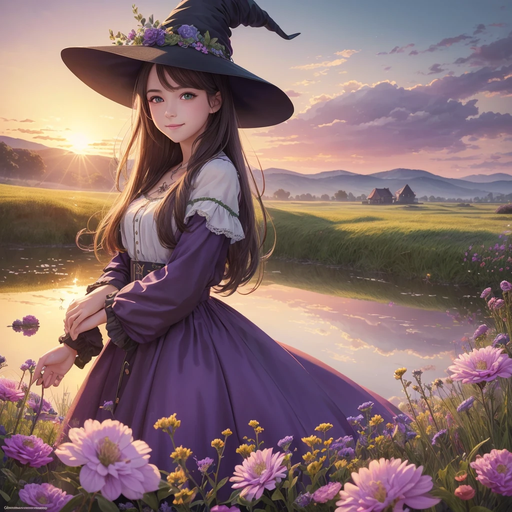 masterpiece, best quality, ultra-detailed, extremely detailed, 4K, 8K, best quality, beautiful, illustration, watercolor, gradation, focus on background, green meadow, sunrise, a cute girl, 1girl, solo, witch, beautiful purple eyes, beautiful eyes, hair ornaments, flowers, smile, wind effect, reflection effect