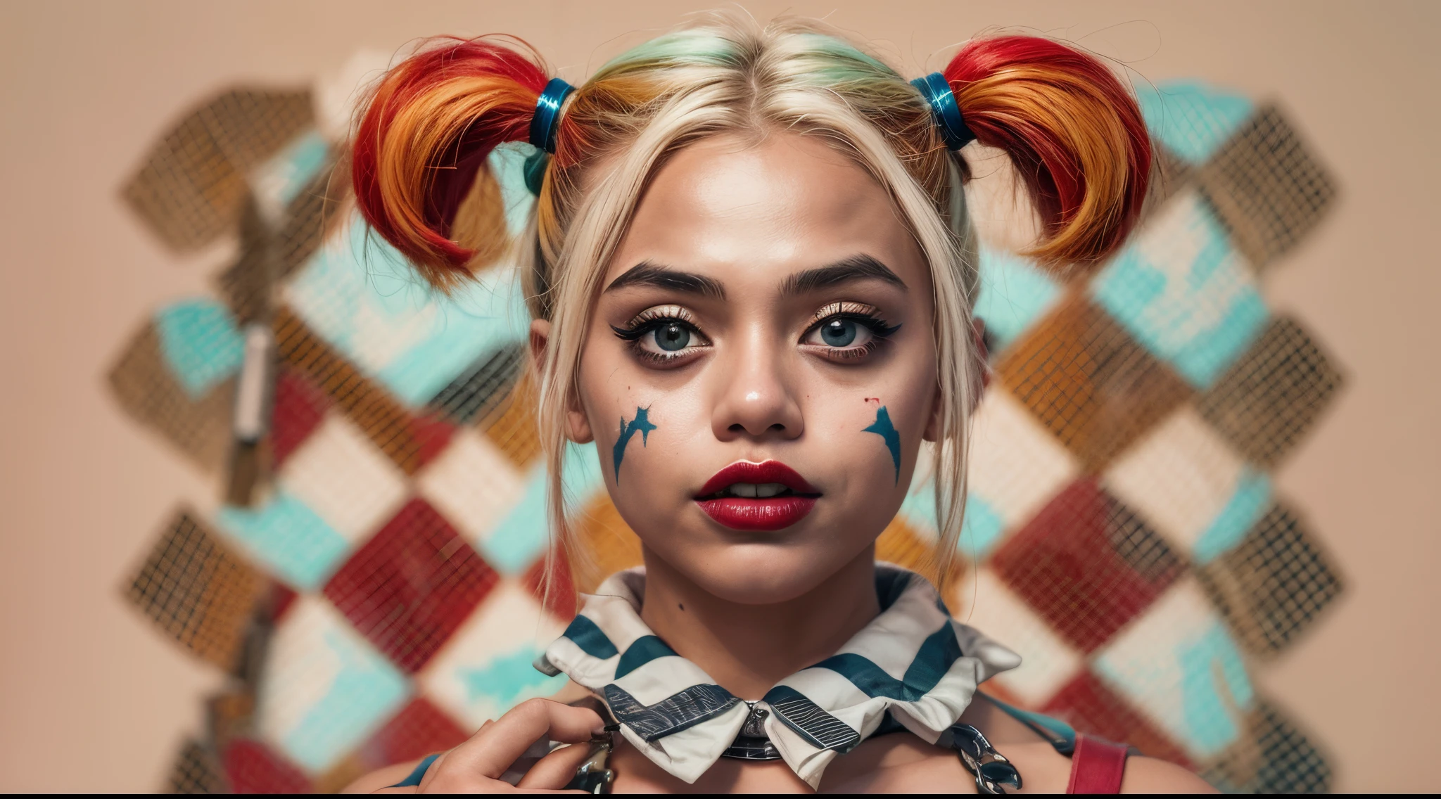 Vogue style photo shoot of malay age girl as character HARLEY QUINN from the movie The Suicide Squad with pastel colored background in Wes Anderson style, hyper - realistic photography, Wes Anderson style, full body, 8k, close - up shot, extreme close - up photo