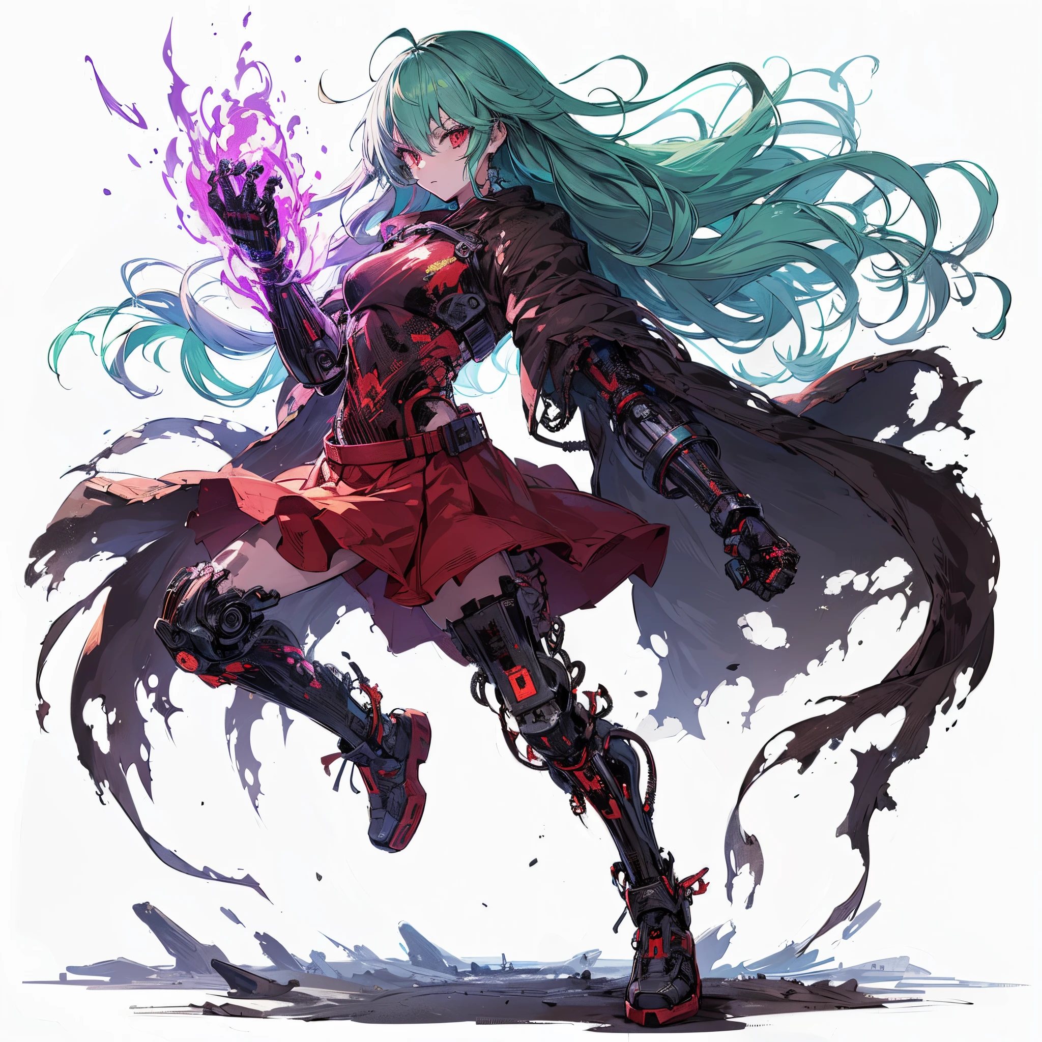 (masutepiece, of the highest quality), (Perfect athlete body: 1.2), (detailed hairs), Super detailer, Anime style, Full body, Solo, Cyberpunk Karate Girl, Sea green twin hairstyle with red eyes, Wearing a shabby cloak and red skirt, Wearing long boots, Burnt mechanical limbs, giant limbs, burning hole in chest, Standing in the wasteland, Wearing 8k high resolution, White background, Whole body, Fighting Pose, (（Purple-black flame of a woman&#39;s fist））Bullish look