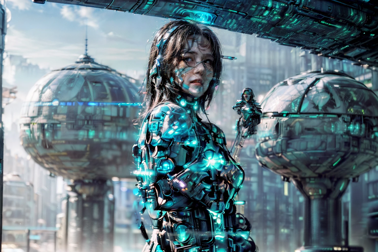 (((Her standing in futuristic cityscape:1.5))), (best photo:1.777), (ultra quality), ((super detail)), (((super realistic))), ((sci-fi themes:1.3)), ((cyberpunk city background)), ((best face:1.777), (full view)