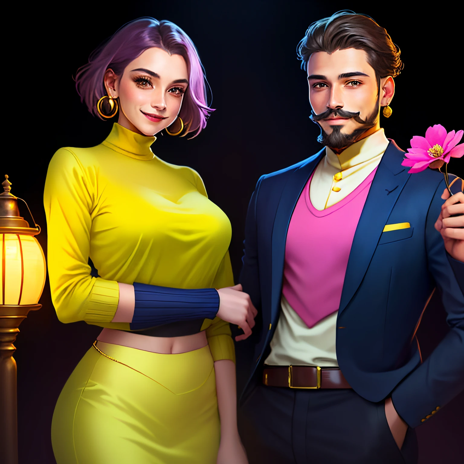 smiling couple. girl is holding lamps in plate. girl wearing yellow indian suit with pink flowers. girl is wearing round golden earrings. boy with short hair with beard and moustache wearing purle highneck sweater.