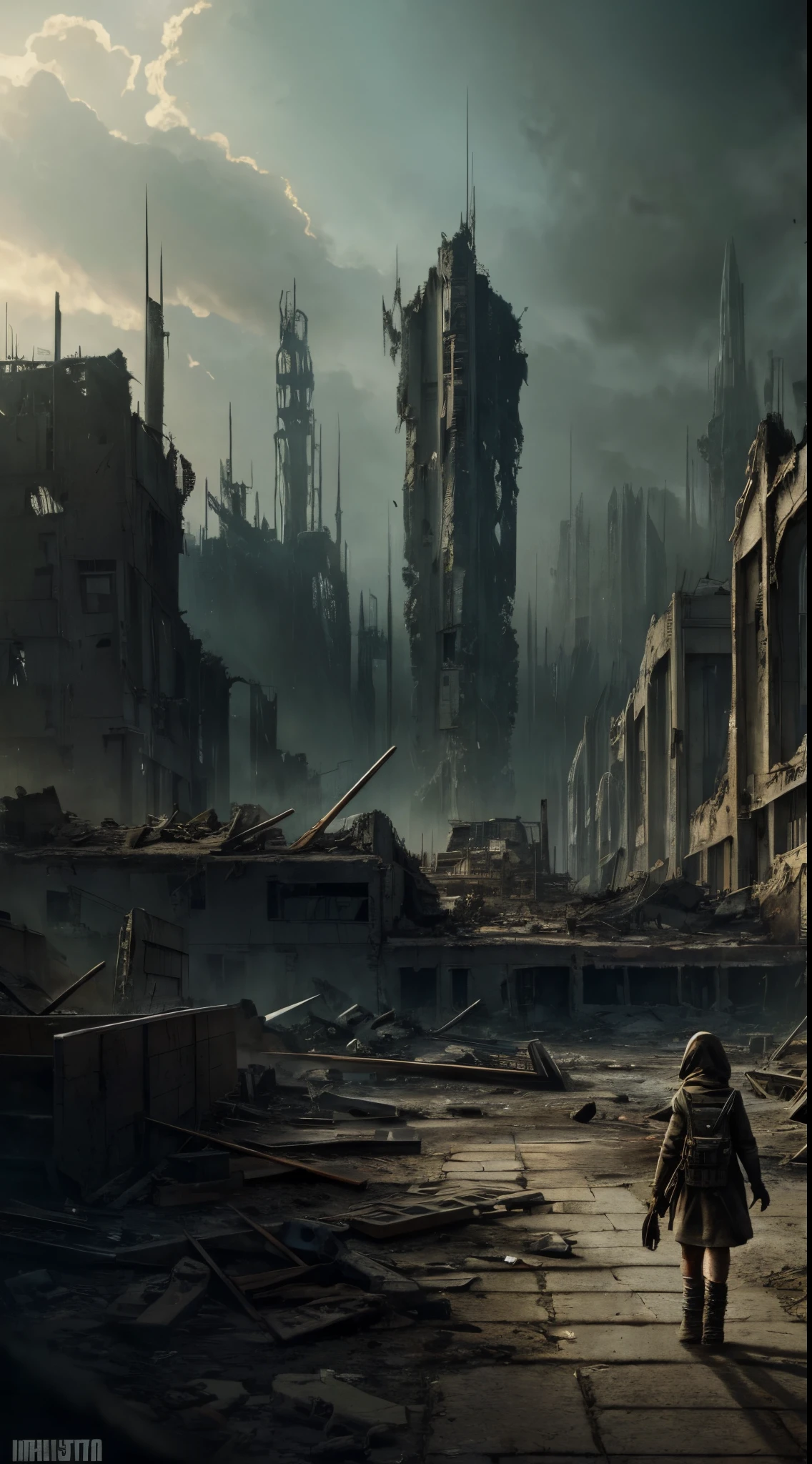 Create dystopian masterpieces,Depict the destroyed futuristic cityscape in a gritty game concept art style. The work should evoke a sense of desolation and futuristic despair, post apocalyptic world. A little girl is alone, vestindo trapos, seminua, Fique de olho nos meandros dos detalhes, foco nítido, and a highly detailed description of the ruined city. Be inspired by the artistic styles of Wayne Barlow and Zdislav Beksiński. Deliver this image in movie display format, Mostre a beleza sombria deste mundo decadente.