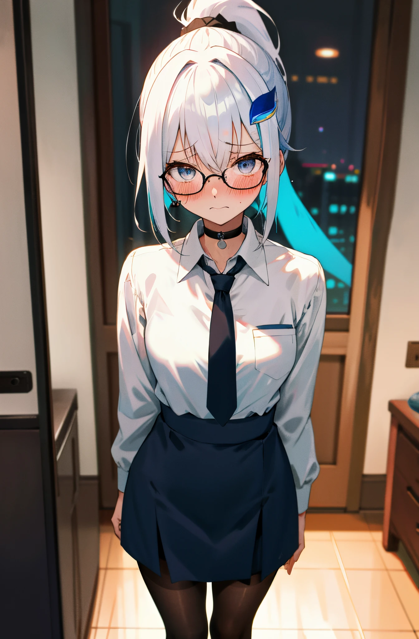 One girl with high ponytail hair, white hair, blue inner hair, looking at viewer, embarrassed, blushing, tears, indoor, living room, suit, white shirts, black necktie, mini skirt, office lady, thigh, slim, dizzy, choker, mid-chest, wide hips, perfect waist, spread legs, night atmosphere, hair ornament, standing, glasses, pantyhose, from behind, (embarrassed:1.0)