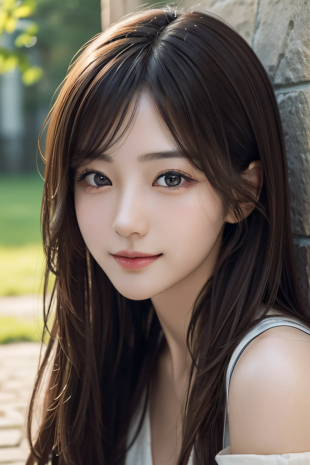 1womanl, up of face, mideum breasts, light brown hair, Blunt bangs, hair behind ear, hair over shoulder, Long hair, slender body shape, Ultra Fine Face, Thin face, Delicate lips, Beautiful eyes, thin blush, eyes are light brown, perfect glossy skin, flawless skin, Glistening sweat,View here, Ultra-thin hands, Ultra-fine fingers, best ratio four finger and one thumb, (realisitic:1.3), Finger Extensions, See-through white blouse. White beret,, Broad-leaved forest, One-person viewpoint, Fuji Film, F/1.2, 8K, masutepiece, nffsw, Super Detail, High quality, Best Quality, hight resolution,