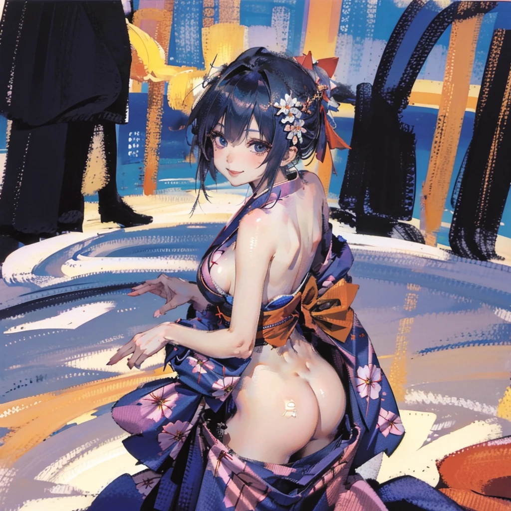 (((of the highest quality, 8K, masutepiece))), Crisp focus, (Beautiful woman with perfect figure), slender, (Hairstyle: ass hole up)), ((Kimono: CALA)), Street: 1.2 Highly detailed face and skin texture Detailed eyes Double eyelids Random posture, (Smile),Super cute Japan person,Super Beautiful Japan Girl, Realistic face, 二重まぶた,Smile,Summer festival , At sunset ,firework background.