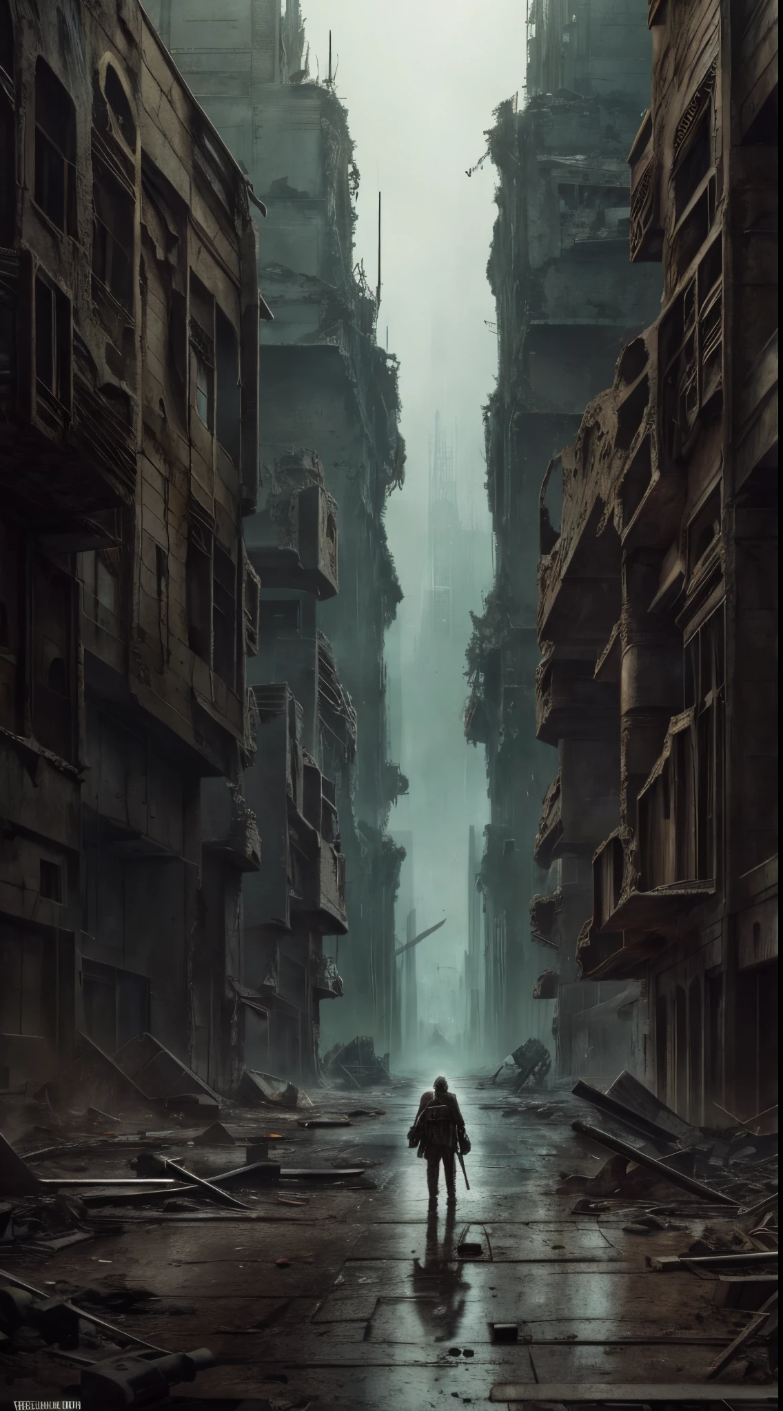 Create dystopian masterpieces,Depict the destroyed futuristic cityscape in a gritty game concept art style. The work should evoke a sense of desolation and futuristic despair, post apocalyptic world. A girl is alone, vestindo trapos, seminua, Fique de olho nos meandros dos detalhes, foco nítido, and a highly detailed description of the ruined city. Be inspired by the artistic styles of Wayne Barlow and Zdislav Beksiński. Deliver this image in movie display format, Mostre a beleza sombria deste mundo decadente.