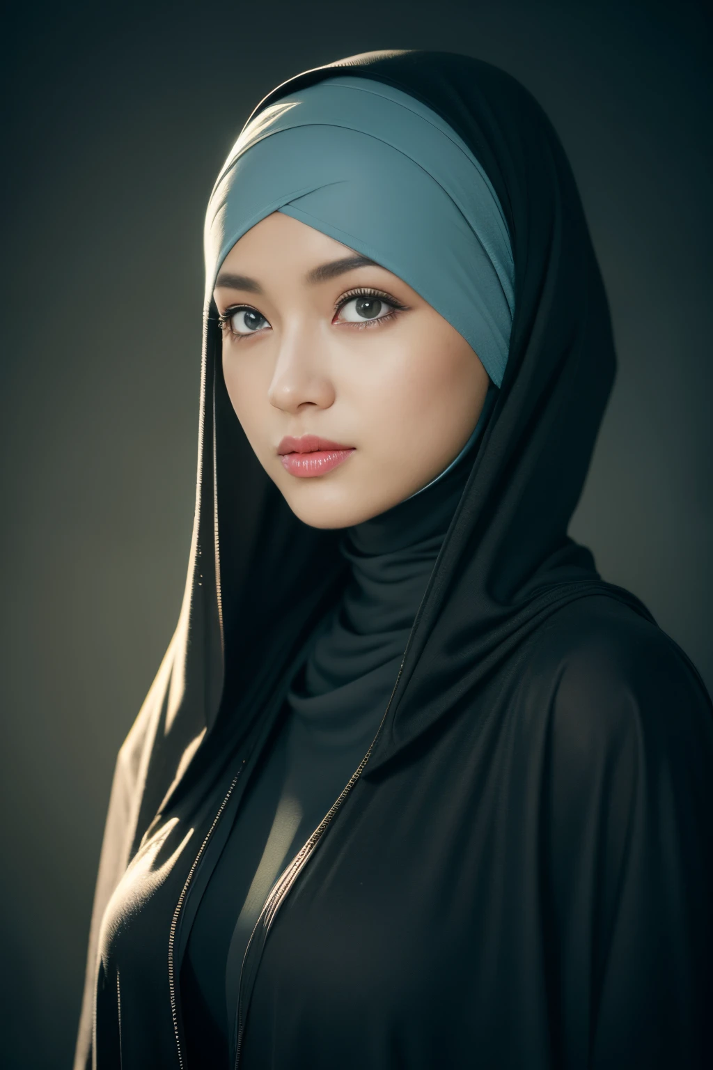 Very close-up shot,  looking at viewer, cinematic lighting, perfect, soft lights, high resolution skin:1.2, realistic skin texture, realistic face,  lean girl, Exposed cleavage, blue Eyes, long bangs, ((abaya　niqab)), parted lips,