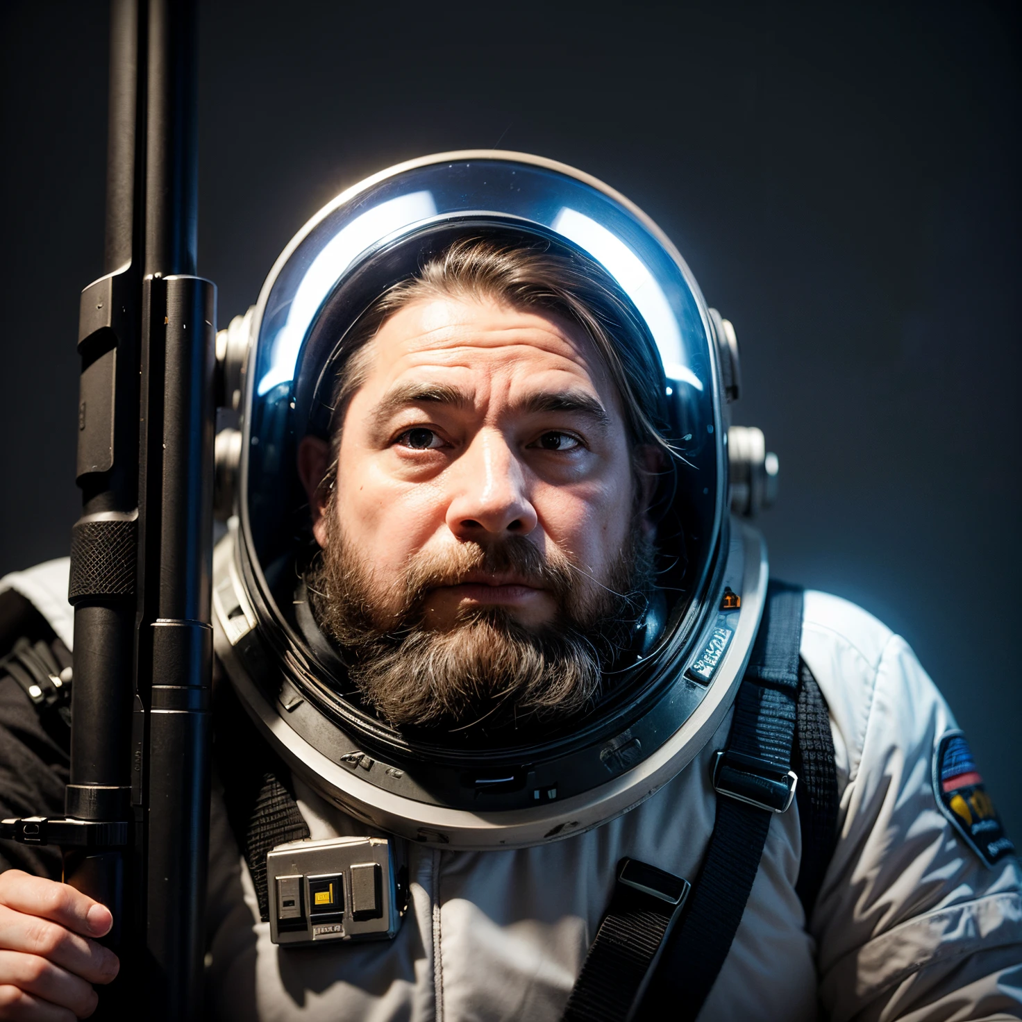 Old dwarf long white bearded sniper , custom starwars sniper rifle, space suit with rounded glass helmet all over his face