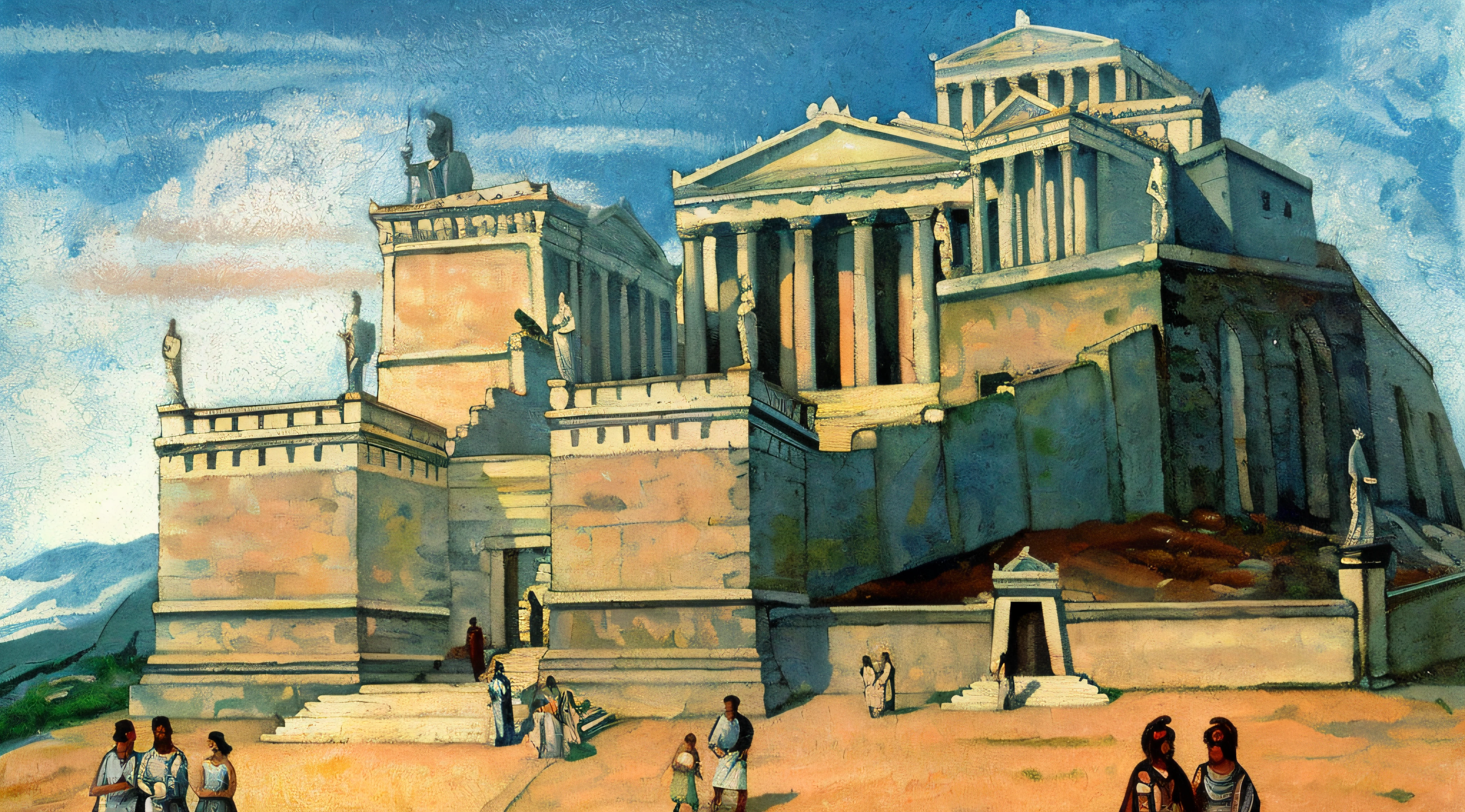 painting of a painting of a building with people walking around it, ancient greek city, ancient marble city, ancient greece, greek acropolis, ancient greek style, ancient mediterranean city, ancient greek temple, classical greece, by Anton Möller, roman festival backdrop, athene, neoclassicist painting, by Antonín Chittussi, ancient rome, parthenon