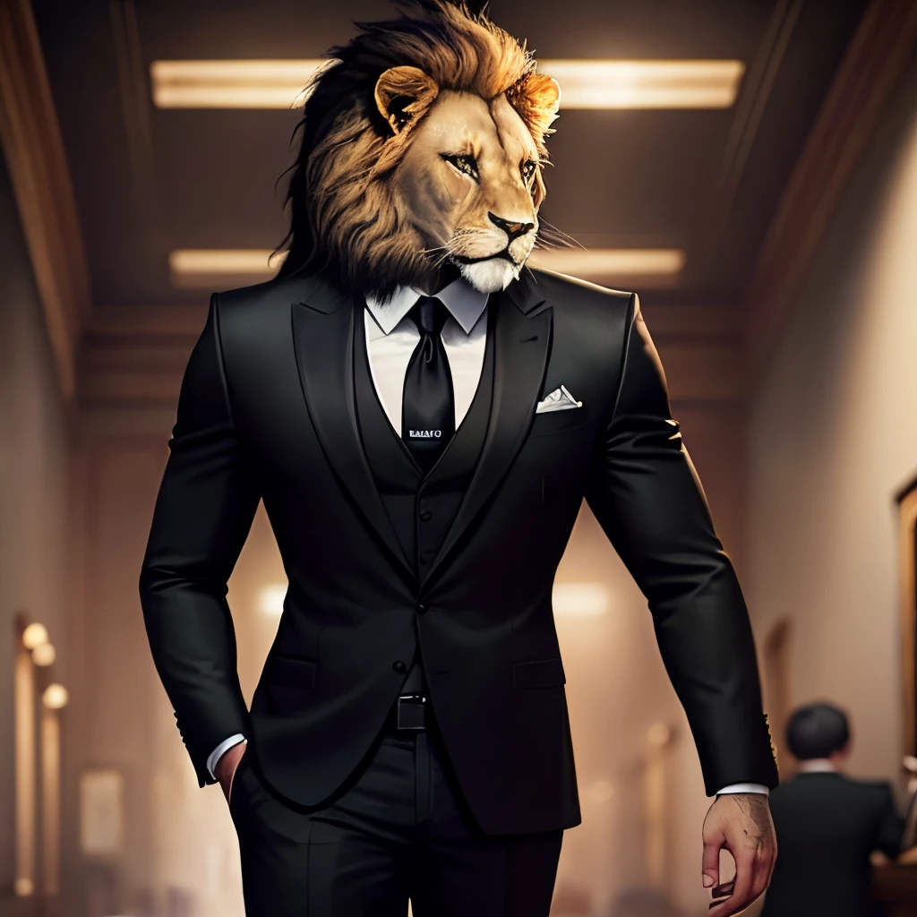 Lion wears black suit