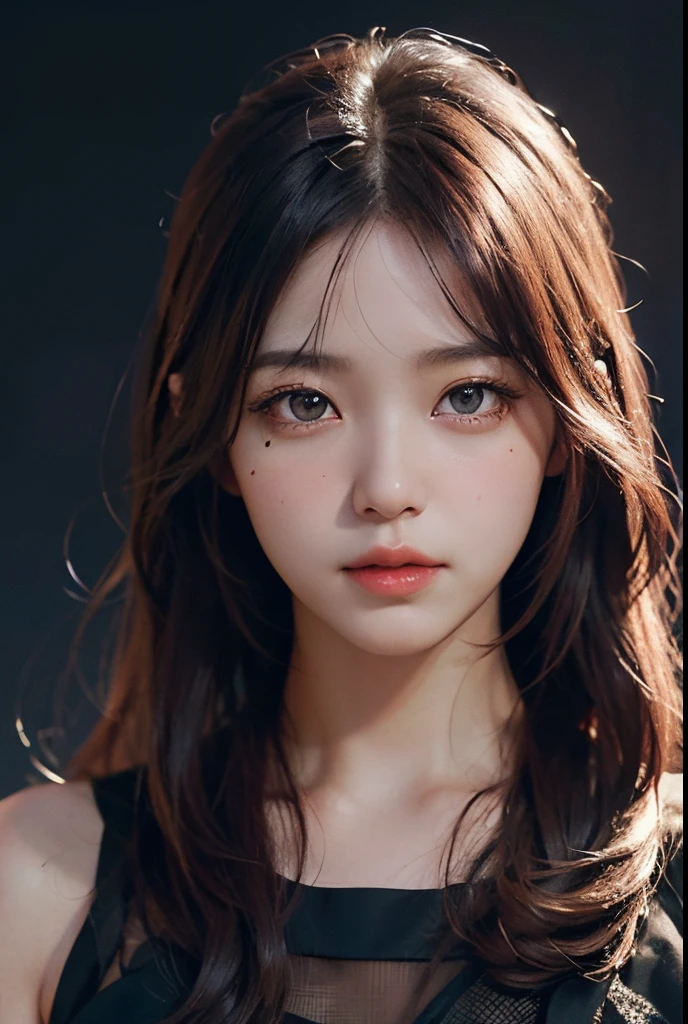 1girl, (realistic:1.4), (pixiv:1.3), perfect illumination, distinct, (bishoujo:1.2), unreal engine, sidelighting, perfect face, detailed face, beautiful eyes, pretty face, (bright skin:1.2), idol, ulzzang-6500-v1.1, soft smile, upper body, dark red hair, (simple background), ((dark background)), (depth of field)