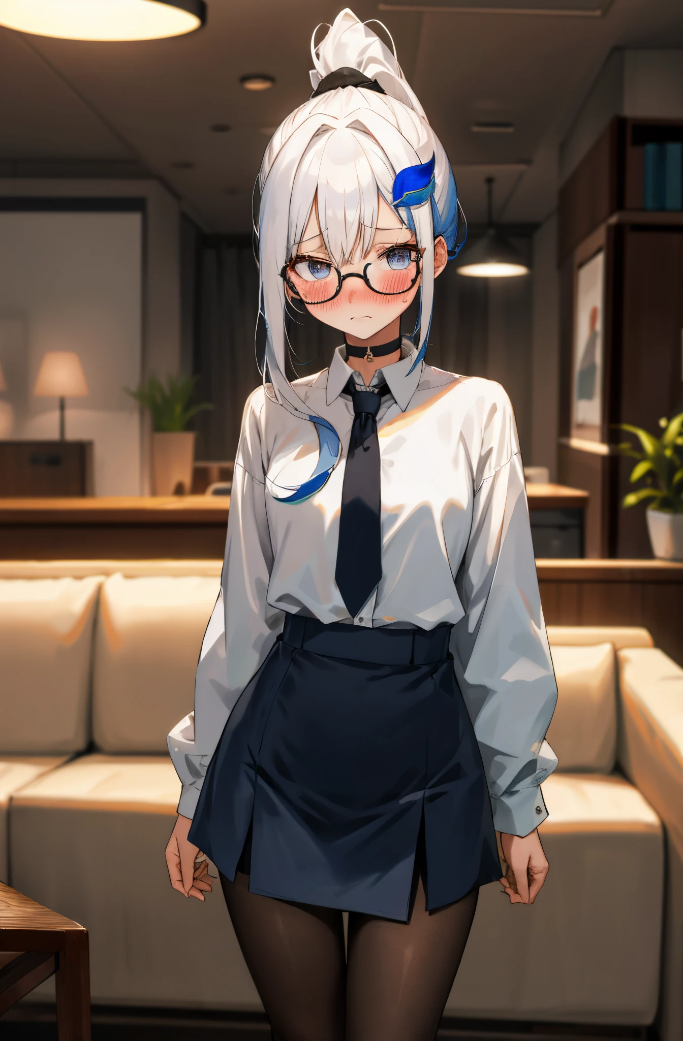 One girl with high ponytail hair, white hair, blue inner hair, looking at viewer, embarrassed, blushing, tears, indoor, living room, suit, white shirts, black necktie, mini skirt, office lady, thigh, slim, dizzy, choker, mid-chest, wide hips, perfect waist, spread legs, night atmosphere, hair ornament, standing, glasses, pantyhose, (embarrassed:1.0)