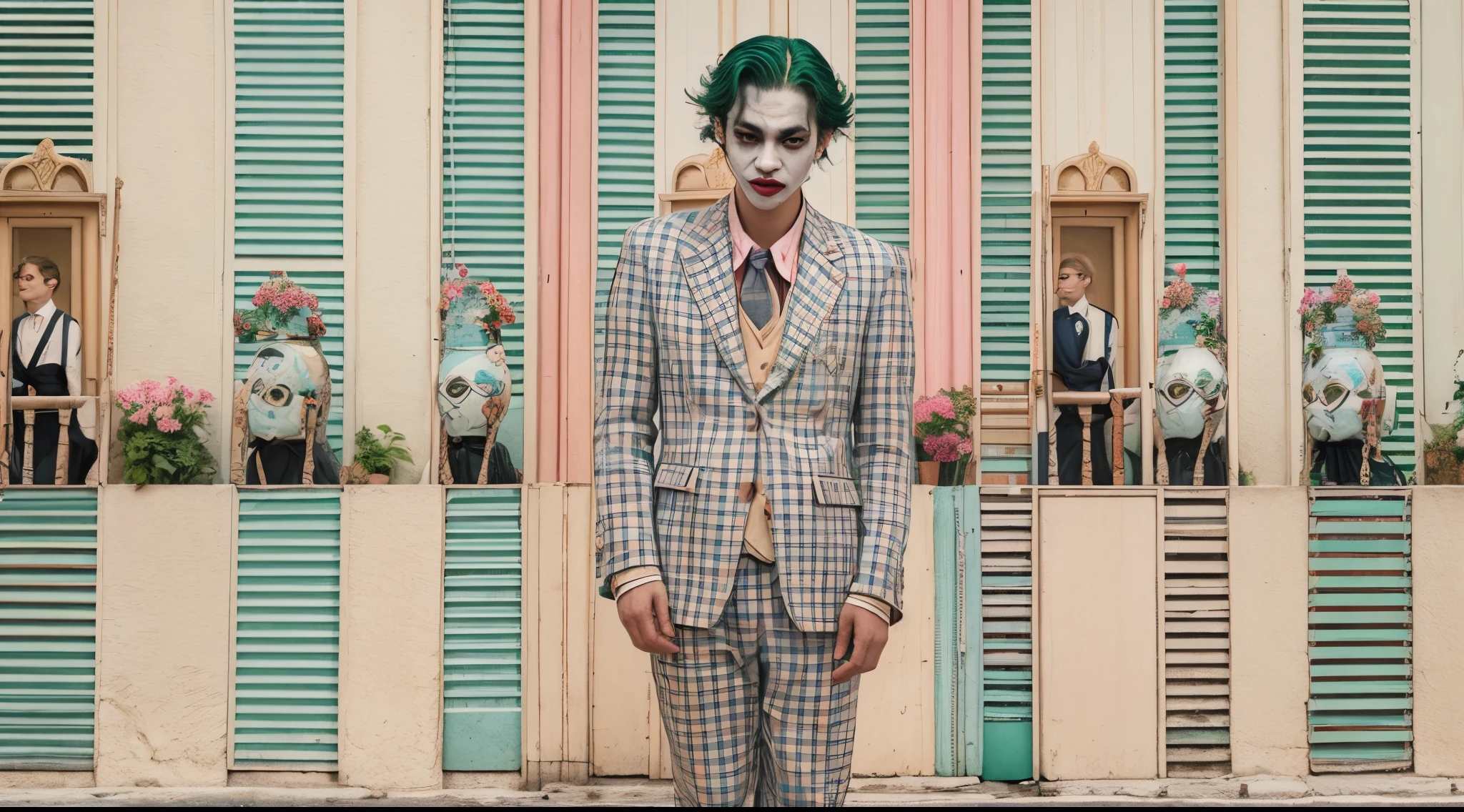 Vogue style photo shoot of malay age boy as character JOKER from the movie batman with pastel colored background in Wes Anderson style, hyper - realistic photography, Wes Anderson style, full body, 8k, close - up shot, extreme close - up photo