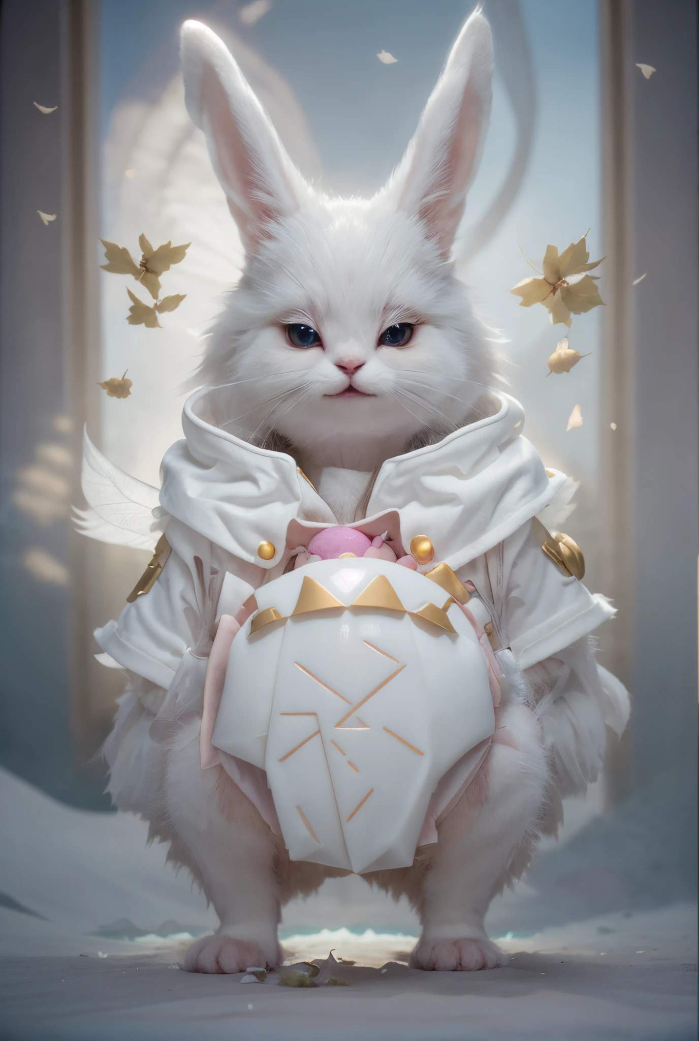 Wonderland-like scenery,Anthropomorphic super cute white fairy baby rabbit, Hold the jade as you wish, Fly, Wear an elegant cloak, A sweet smile, White fur, Bright big eyes, And fluffy tails, Clouds float gently, Extremely detailed 3D animations, Super realistic, Super detailed, luxury goods, Movie lighting, super clear detail, ultra clear material, Close-up, Complex textures, Octane rendering, zbrush, 8K, VRAY ultra-realistic 14247 close-up, Louisa, Eyes