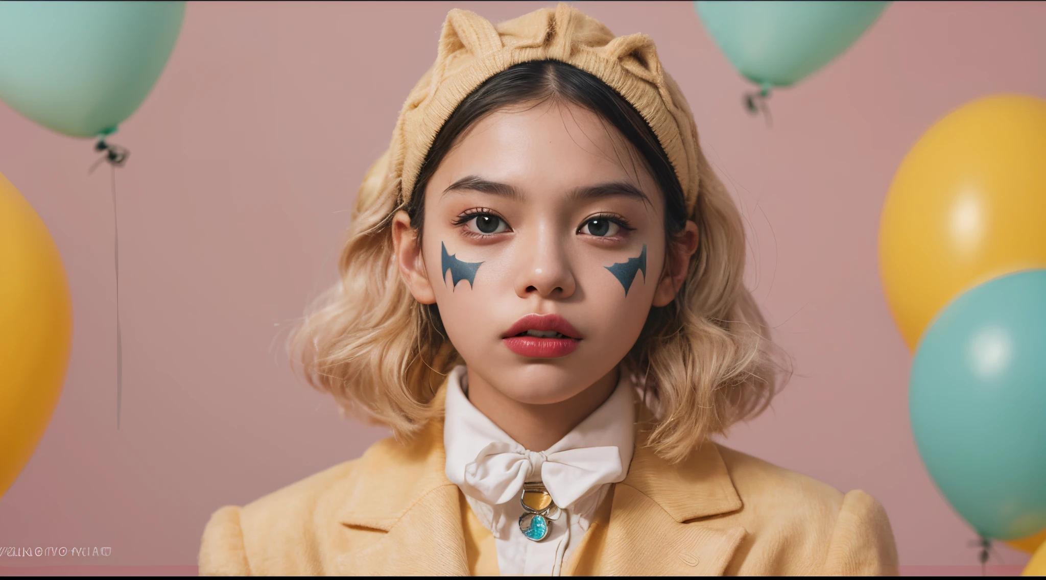 Vogue style photo shoot of malay age girl as character JOCKER from the movie batman with pastel colored background in Wes Anderson style, hyper - realistic photography, Wes Anderson style, full body, 8k, close - up shot, extreme close - up photo