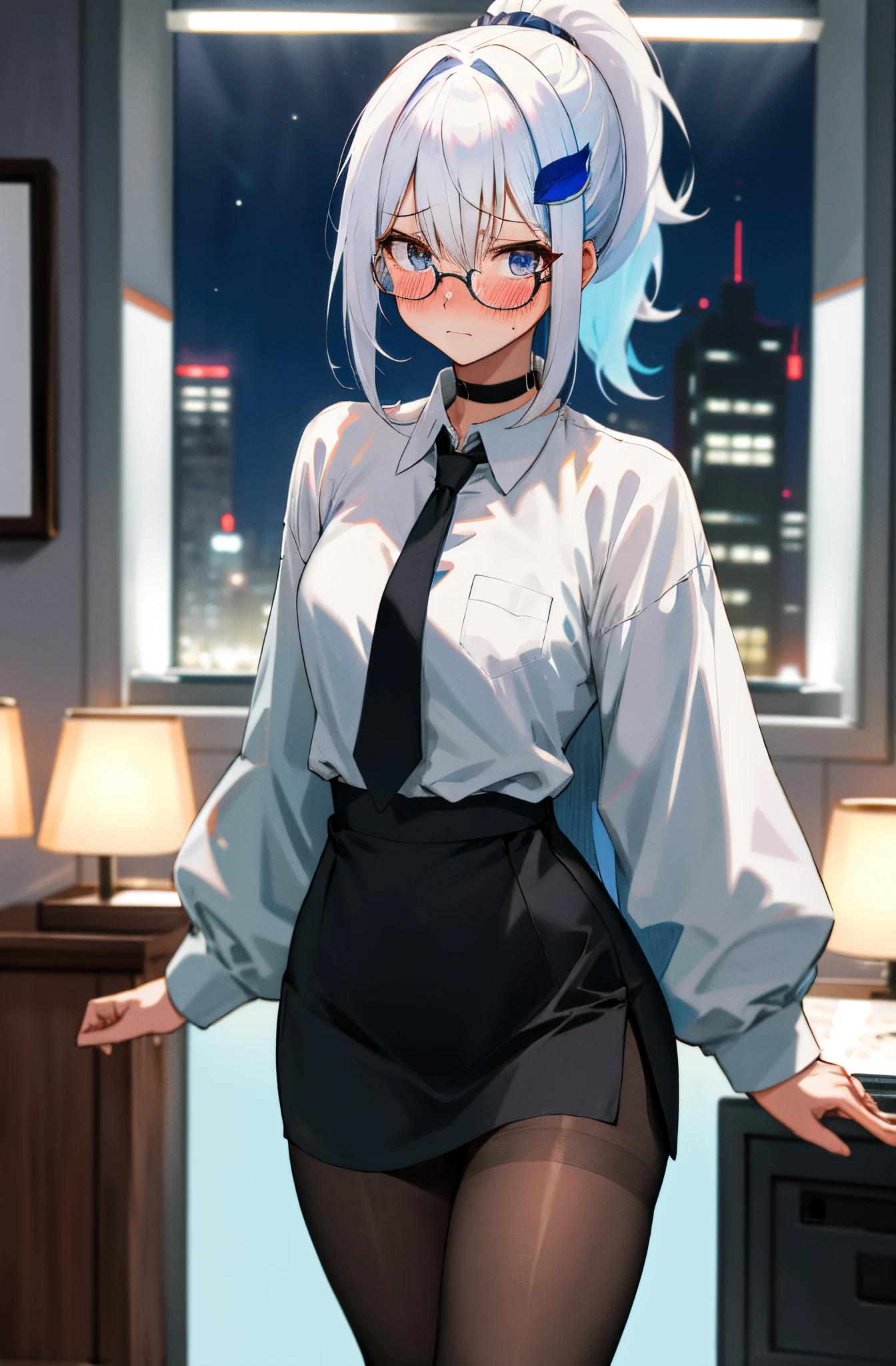 One girl with high ponytail hair, white hair, blue inner hair, looking at viewer, embarrassed, blushing, tears, indoor, living room, suit, white shirts, black necktie, mini skirt, office lady, thigh, slim, dizzy, choker, mid-chest, wide hips, perfect waist, spread legs, night atmosphere, hair ornament, standing, glasses, pantyhose, (embarrassed:1.0)