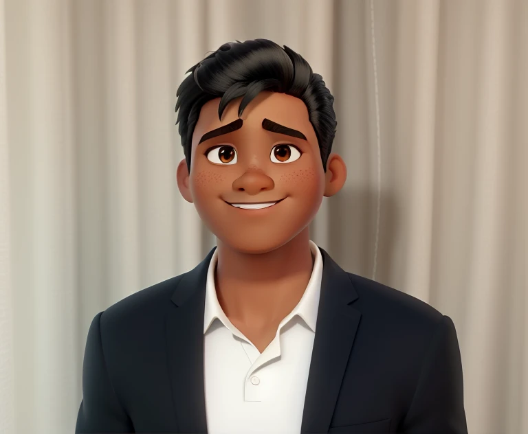 Um homem pele morena, cabelo preto grisalho, Disney Pixar style Asian eyes, alta qualidade, melhor qualidade.