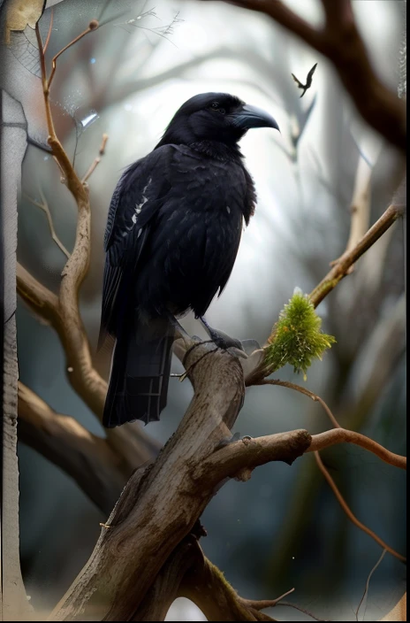 a black and white photo of a crow sitting on a tree branch, corvo escuro, Directed by: Gonzalo Endara Crow, Fantasia sombria misturada com realismo, corvos lindos, monstro corvo, crows as a symbol of death, corvo, retrato do corvo!!!!!, corvo, raven bird, Edgar Allan Poe como O Corvo, detailed crow illustration, arte escura altamente detalhada