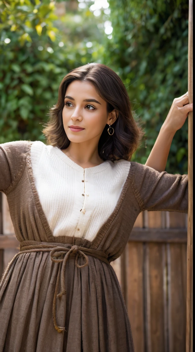 1girl, sozinho, Rustic homemade dress in earthy brown, Made of thick wool, com um encaixe solto tipo smock, cintura alta, and three-quarter-long sleeves, Senhora, medium stature, magro, Face triangular, pele bronzeada, Cabelo loiro mel, olhos azuis de gelo, [[nariz curvo]], full lips, queixo redondo, cabelos longos, cabelos grossos, Afro afilado, Seios naturais, , Batom preto puro, Bending sideways with one arm reaching for your head, Mercado medieval encantador movimentado com comerciantes e habitantes da cidade animada, irritado, orgulhoso, :] , breath-taking, detalhes intrincados, absurdos, Altas, ultra detalhado, extremely high quality, Amazing details,