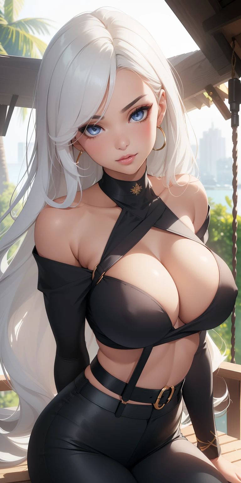 Perfect and round breasts ((bust-92cm)) ((waist-60cm)) ((hips-88cm)), 1 mature woman, (("long and quite voluminous white hair quite wavy)) ((cute and beautiful woman) ), double eyelids, detailed eyes, hyper-detailed eyes, light effect on the eyes, detailed iris, has an extremely sexy appearance, with incredible breasts and a perfect waist, and an extremely sexy body, wears a black cropped top with off-shoulder tops, and black pants fulfilled black tailoring fabric with belt and suspenders, beautiful makeup, cleavage ((prime work, hyper realistic, hyper detailed, best quality, 16k, effect of light and shadow on the skin), eyeliner on the eyes, cute expression, protruding smile, perfect full lips, tanned skin, on the balcony, full moon night, sitting and relaxing on the swing on the porch of the house, beautifully seductive woman, sexy pose: 1, 4, seductive look, seductive pose: 1,2 passionate, embarrassed expression