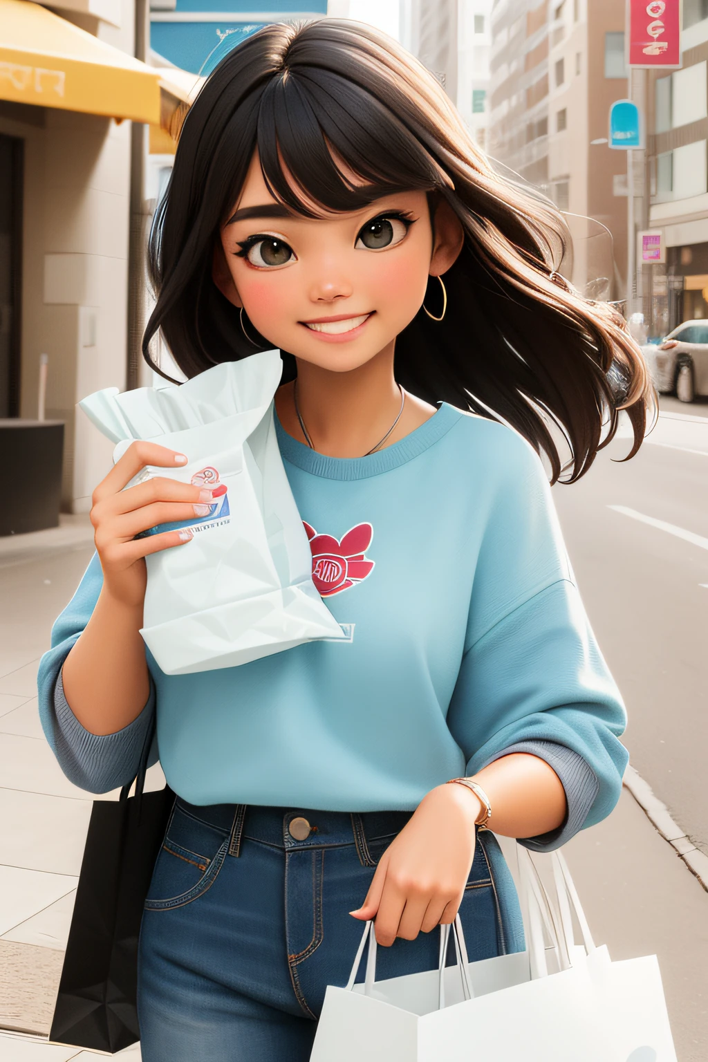 (master part), (best quality), foto realista, (extremamente detalhado), (1 girl), (menina muito bonito), holding several shopping bags, sorrir, muito feliz (face of satisfaction), delgado, cabelos longos castanhos, Desejo Azul, Original, papel de parede extremamente detalhado, (Parfect Detail Features), 16k,