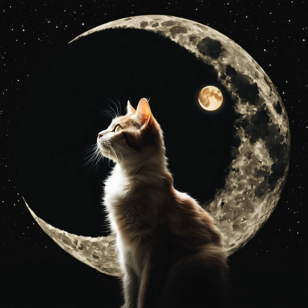 Double exposure photo, combining an image of a cat and a large moon in the night sky, moon in the night starry sky, inside the moon there is a cat with its own details, finely inscribed inside the moon forming craters, Clear Focus, great depth of field, Doubleexposure, hyper realistic, Extremely detailed, ray traced, Cinematic, HDR, Photorealistic (Doubleexposure:1.1)