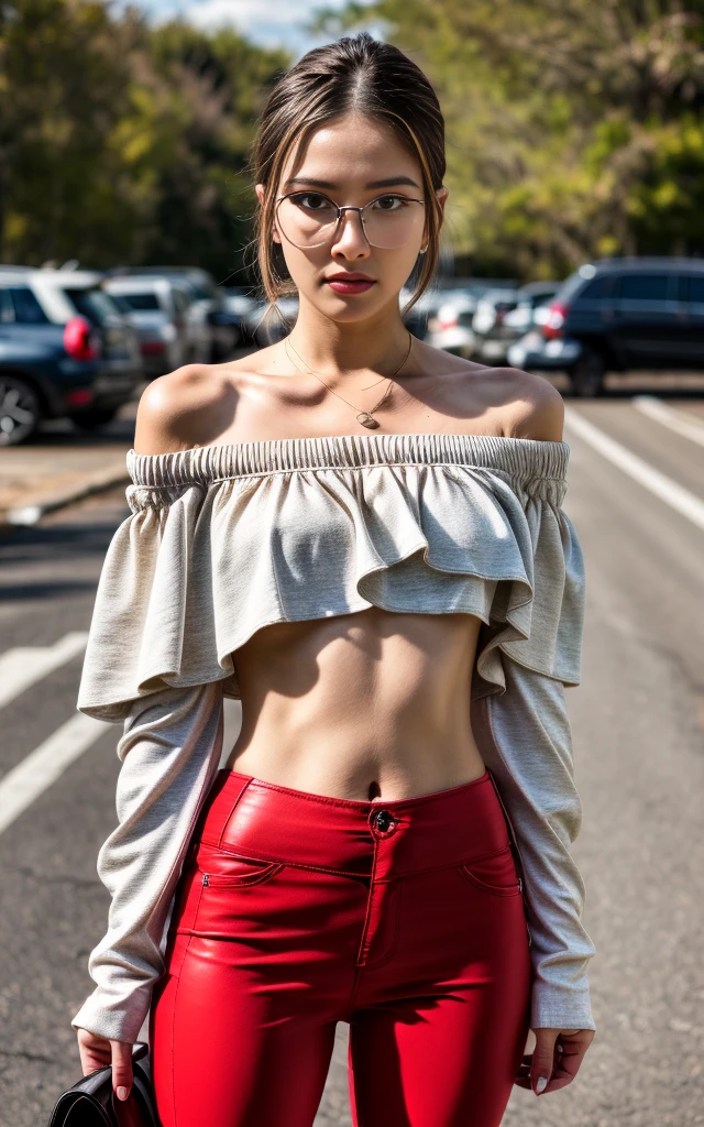 (8K, Masterpiece, RAW photo, Best quality, detail:1.3), (ultra realistic:1.4, scenary, 8K), Depth of field, Cinematic light, (ultra realistic face), (1 ultra skinny girl:1.4), (Beautiful and elegant girl), (tight red pants:1.4), (girl with glasses), (latina face:1.5), (full body:1.6), (off-shoulder tight minitop:1.4), (small necklace, collarbone), (ultra detailed skin:1.3), (complete standing pose:1.2), (ultra realistic skin:1.4), (black hair), leather jacket