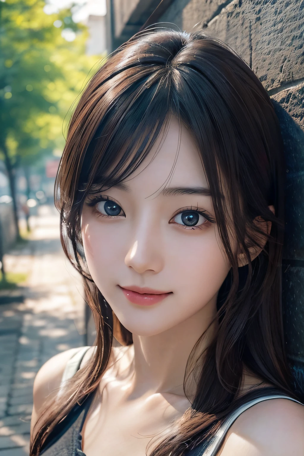 (A hyper-realistic) , (photographrealistic:1.4),(Increase the resolution), (8K), (ighly detailed), (beatiful detailed eyes), (best qualtiy), (ultra-detailliert), (​masterpiece), (wall-paper), (详细的脸), 独奏,1 rapariga, perfect beautiful japanese woman:1.4、age19、looking at the viewers, delicate detail, A detailed face, murky, deep-shadows, A smile,