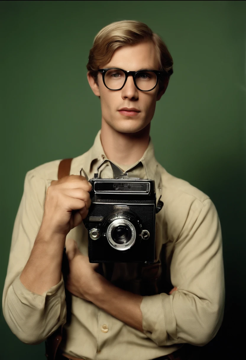 A photo of a vintage camera collection,American history,Jeffrey Dahmer, an infamous American serial killer, had an unassuming appearance that belied his gruesome criminal nature. He was of average build and height, with blonde hair and bespectacled, often described as looking ordinary or nondescript. Dahmer’s typical attire was casual and unremarkable, further contributing to his ability to blend into society without arousing suspicion. His facial expressions often appeared flat and emotionless, especially in police photographs and court appearances.