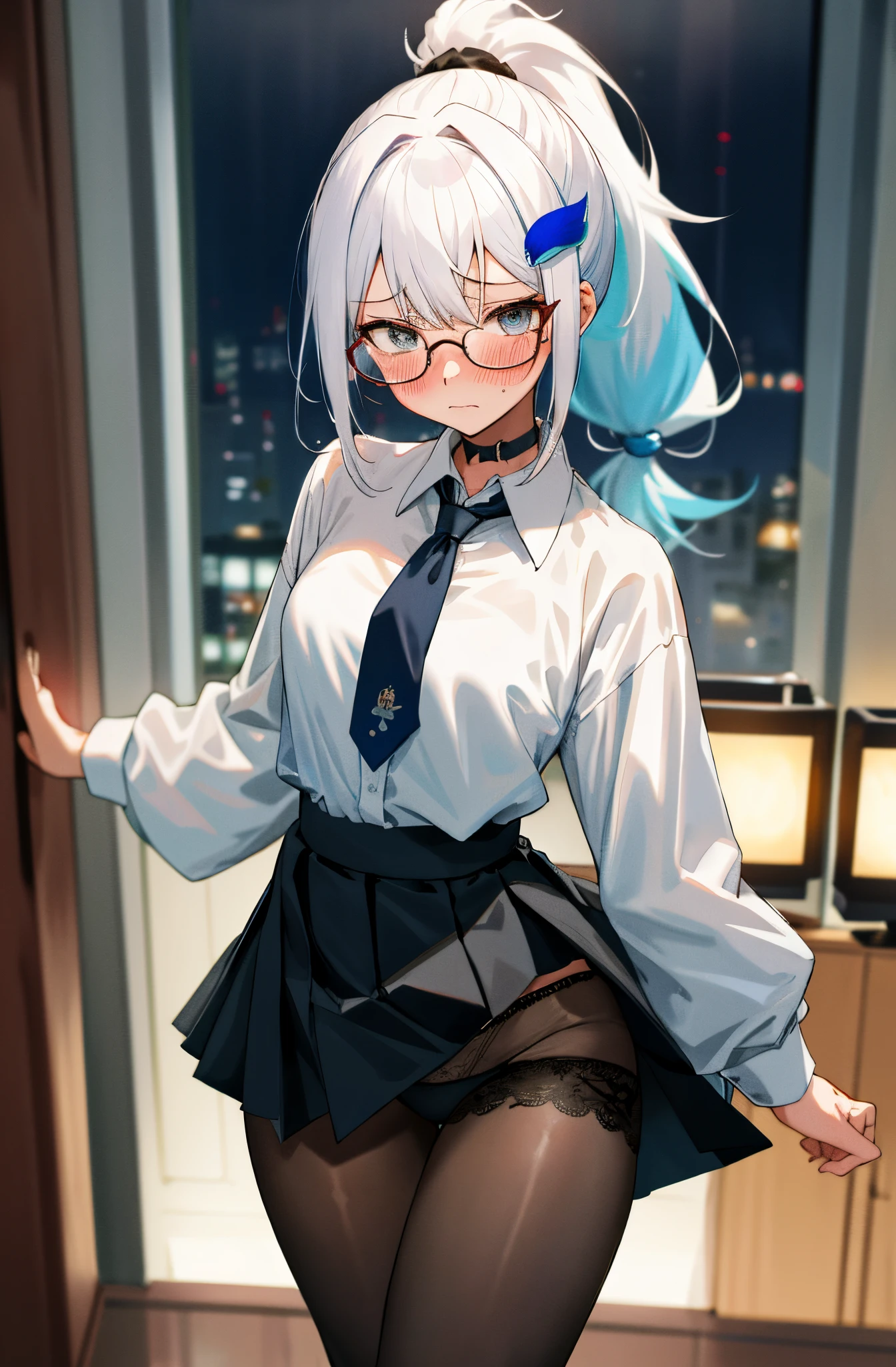 One girl with high ponytail hair, white hair, blue inner hair, looking at viewer, embarrassed, blushing, tears, indoor, living room, suit, white shirts, black necktie, mini skirt, office lady, thigh, slim, dizzy, choker, mid-chest, wide hips, perfect waist, spread legs, night atmosphere, hair ornament, standing, glasses, pantyhose, skirt lift, lace panties, panties, panties visible, (embarrassed:1.0)