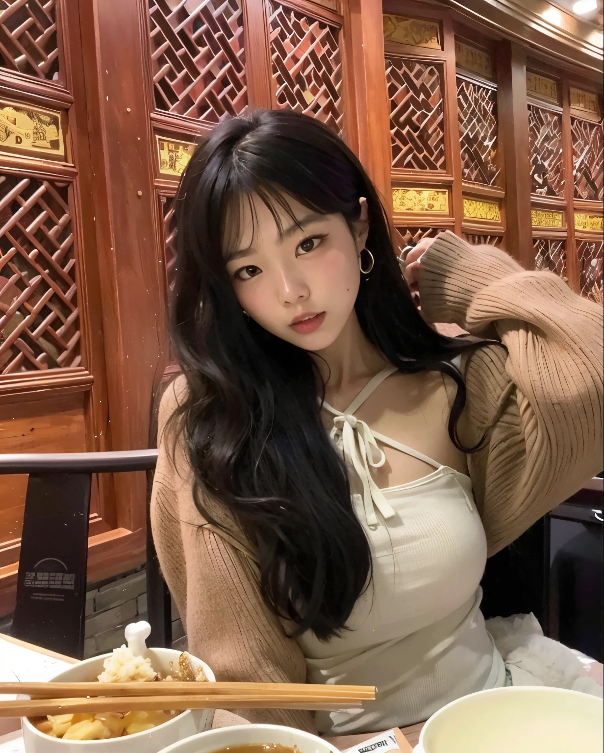 there is a woman sitting at a table with a bowl of soup and chopsticks, Ulzzang, linda mulher coreana jovem, Asian girl with long hair, menina coreana, mulher coreana jovem bonita, Mulher sul-coreana bonita, cabelo comprido com franja completa, Modelo de moda feminina coreana, a young asian woman, cabelos longos com franja, branco hime corte penteado