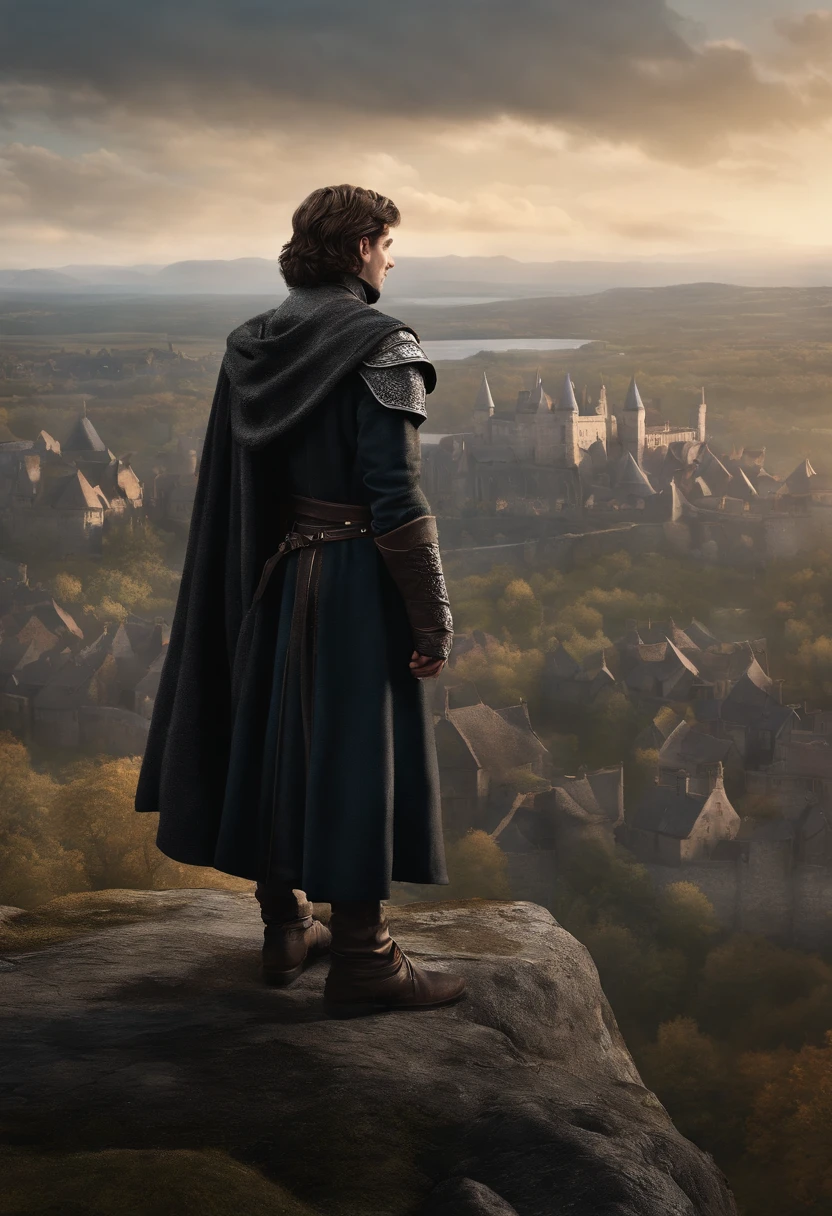 The image is of Bran sitting at the top of the ancient Hightower in Oldtown, overlooking the grand city and the vast expanse beyond.,A Song of Ice and Fire series,Bran Stark, a central character in “Game of Thrones,” initially appears as a young boy with a curious and adventurous spirit, featuring tousled hair and the traditional Stark attire of the North. After his fall and subsequent paralysis, his physical appearance becomes more subdued, reflecting the seriousness of his journey and transformation.