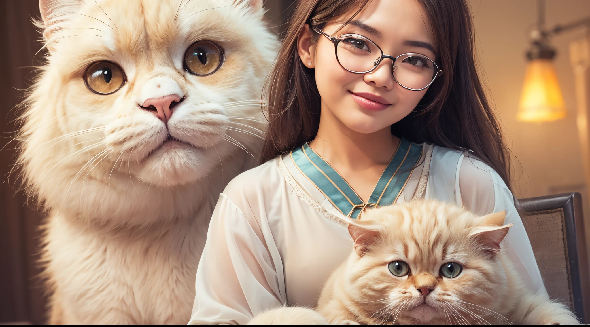 Design a heartwarming scene as the young Malay woman interacts with her beloved very big cat pet, very big fluffy white persian cat, very cute malay woman with beautiful small petite body, wear small baju kurung, wear glasses, round glasses, very long golden brown hair, very long haircut with bangs, small petite body, beer belly, small waist, slim, wide hips, thick thighs, showcasing the bond between them in a cozy home setting, bright lighting, happy, 8k, high quality, ray lighting,