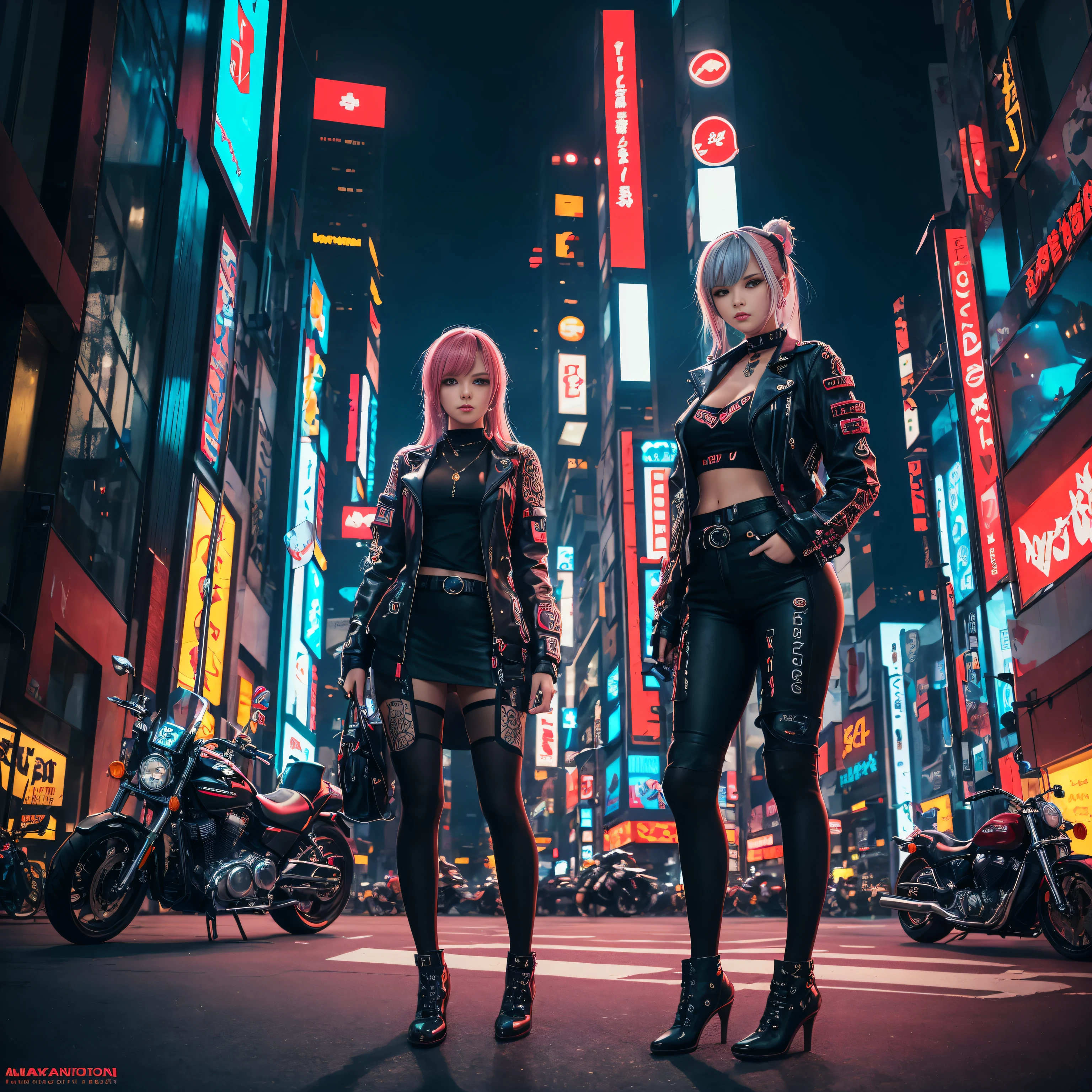 Masterpiece, Best Quality, A confident cyberpunk girl, Shot Full Body, ((Standing in front of a motorcycle)), Harajuku-style pop outfit, Bold colors and patterns, Eye-catching accessories, Fashionable and innovative hairstyle, Bright make-up, Dazzling cyberpunk cityscape, Skyscrapers, neon signage, LED lights, Bright and rich colors, the anime, illustartion, detailed skin texture, detailed cloth texture, Beautiful Detail Face, intricate details, Ultra Detailed.