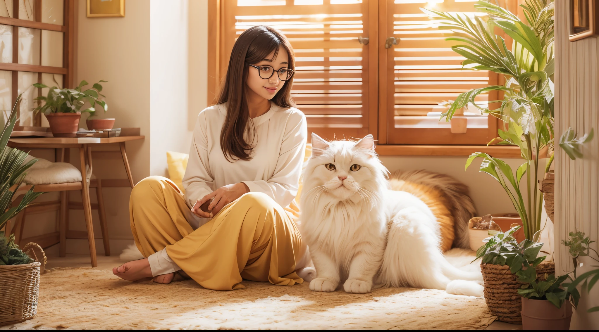 Design a heartwarming scene as the young Malay woman interacts with her beloved very big cat pet, very big fluffy white persian cat, very cute malay woman with beautiful small petite body, wear small baju kurung, wear glasses, round glasses, very long golden brown hair, very long haircut with bangs, small petite body, beer belly, small waist, slim, wide hips, thick thighs, showcasing the bond between them in a cozy home setting, bright lighting, happy, 8k, high quality, ray lighting,