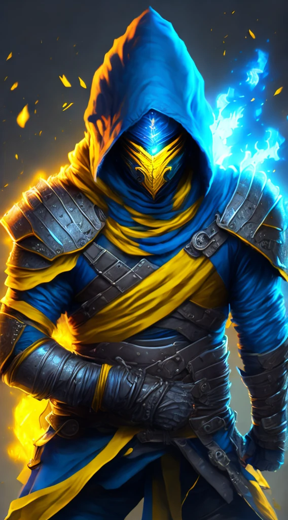 Ninja in yellow armor with LED with very bright blue lighting and a lot of detail in his costume and holding a scythe and with fire around him and very serious looking at the viewer and with a gray background