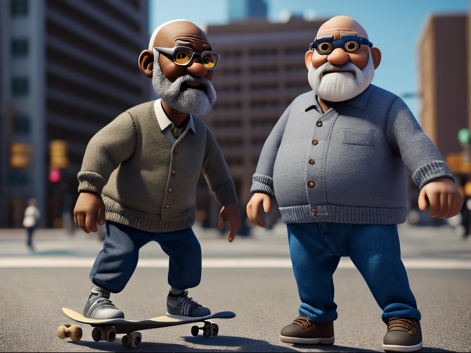 A 60 years black overweight old man claymation character, bald with a grey beard, realistic texture, tiltshift, skateboarding on a busy street of a big city, 3d