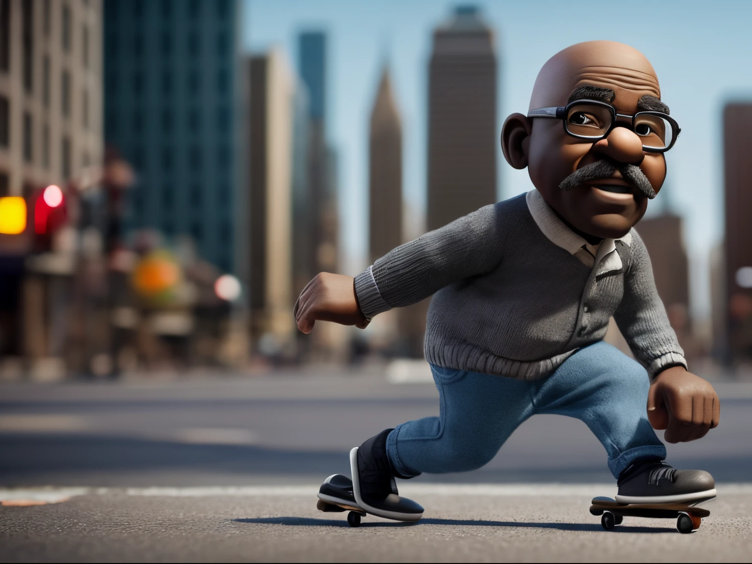 A 60 years black overweight old man claymation character, bald with a grey beard, realistic texture, tiltshift, skateboarding on a busy street of a big city, 3d