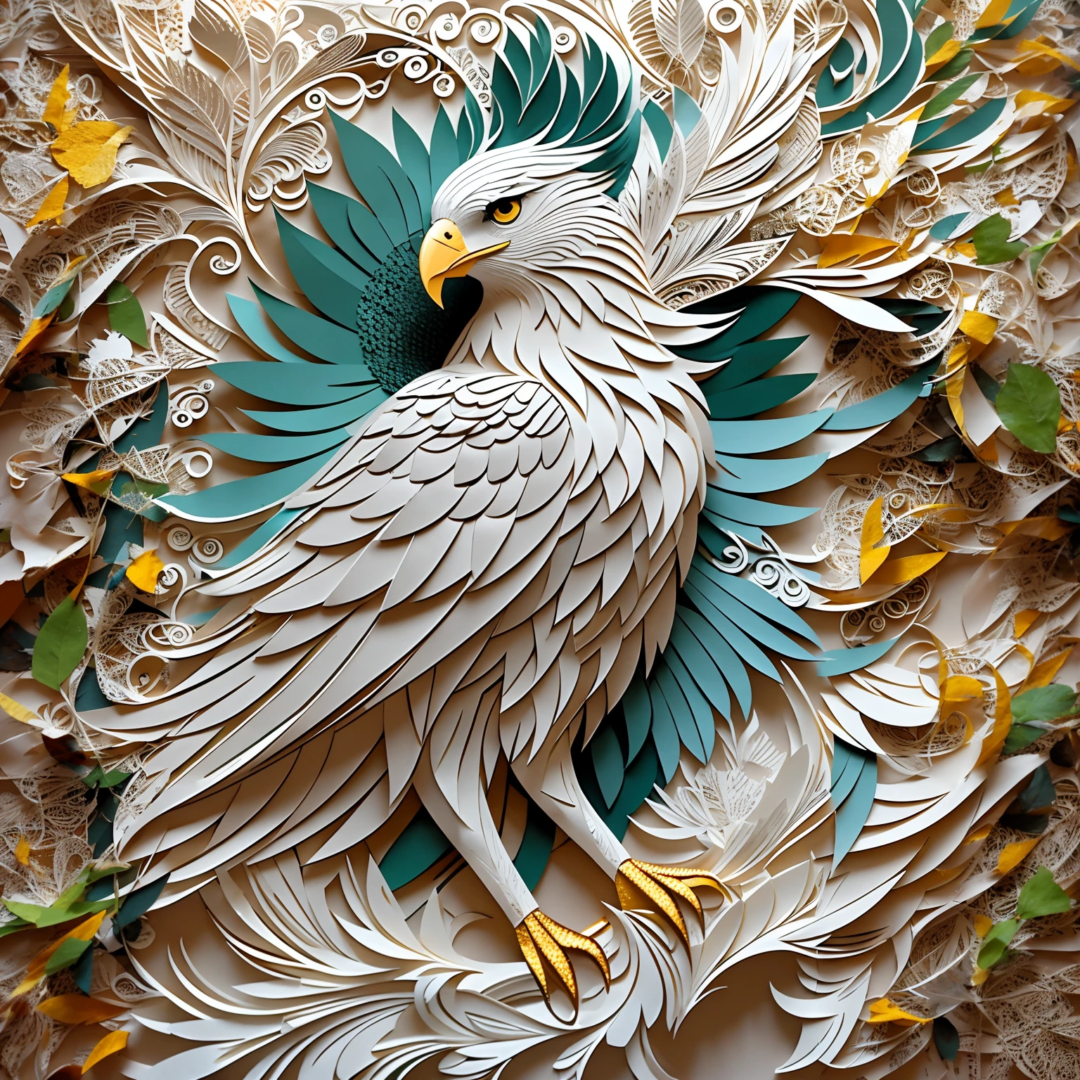 there is a bird cut out of paper with a green and white feather, intricate 3 d illustration, arte digital altamente detalhada, intrincada arte digital detalhada, arte digital altamente detalhada, arte em papel, Arte 3D digital detalhada, obras de arte intrincadas, arte digital extremamente detalhada, arte digital de detalhes surpreendentes, intrincada obra de arte digital, arte em papel em camadas, arte de corte de papel, aquila, arte digital intrincada