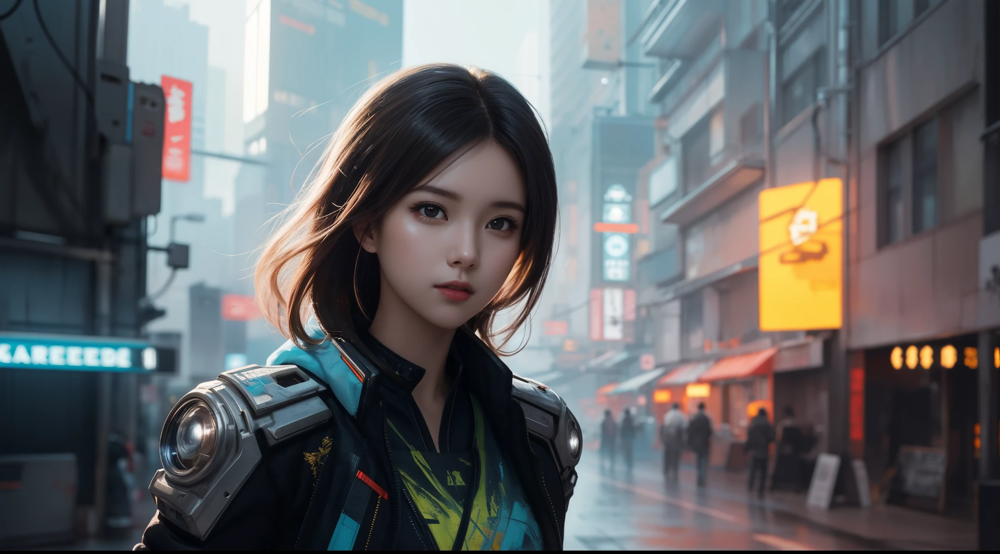 anime painting of cute asian cyberpunk female, shapeless cyberpunk hair, dynamic pose, elegant pose, bright colors, art by Carne Griffiths and Wadim Kashin Concept art, cyberpunk background, abstract beauty, near perfection, pure form, Golden Ratio, minimalism, concept art, intricate detail, 8k post-production, High resolution, super Detail, trending on ArtStation, sharp focus, studio photos, intricate detail, Very detailed, By Greg Rutkowski