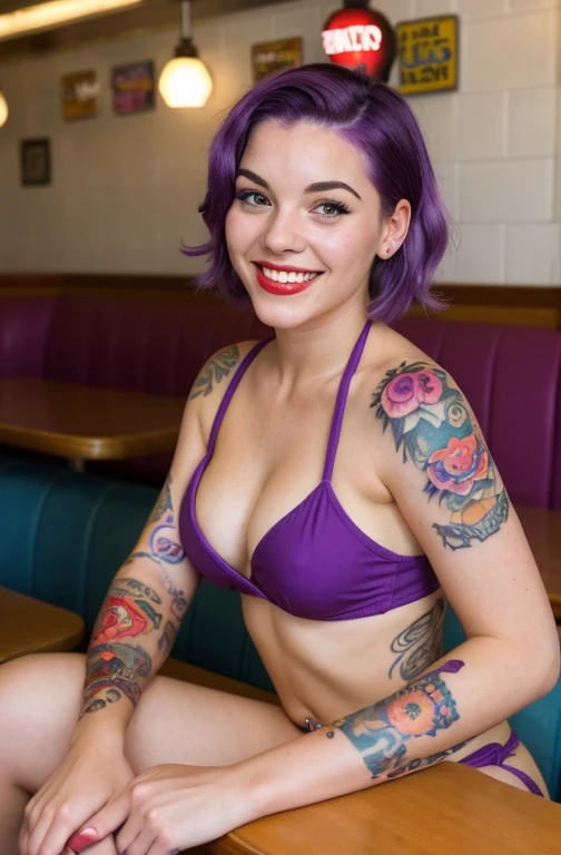 street photography photo of a young woman with purple hair, smile, happy, bikini, tattoos on her arms, sitting in a 50s diner