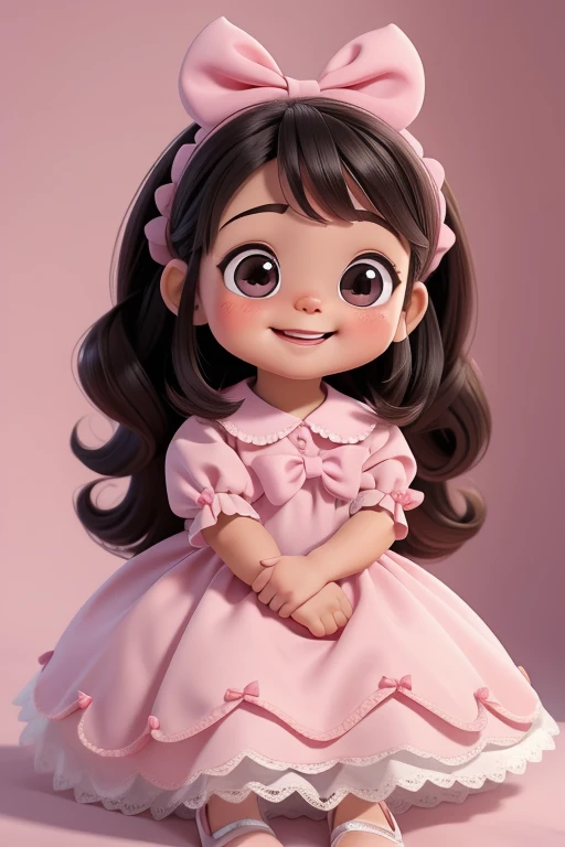 [(Uma linda garota morena sorridente :1.2)()(com pele clara)(alegria)][(Use trajes inspirados em "stuffed animals".) , Kids illustration , clean backdrop], Usando um pequeno vestido rosa，Tem bolinhas brancas，has a bow in his hair, corpo inteiroesbian, Use sapatos pretos