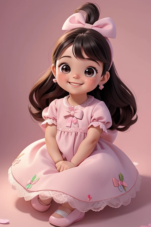 [(Uma linda garota morena sorridente :1.2)(Cute little baby)(com pele clara)(alegria)][(Use trajes inspirados em "stuffed animals".) , Kids illustration , clean backdrop], Usando um pequeno vestido rosa，Tem bolinhas brancas，has a bow in his hair, corpo inteiroesbian, Use sapatos pretos